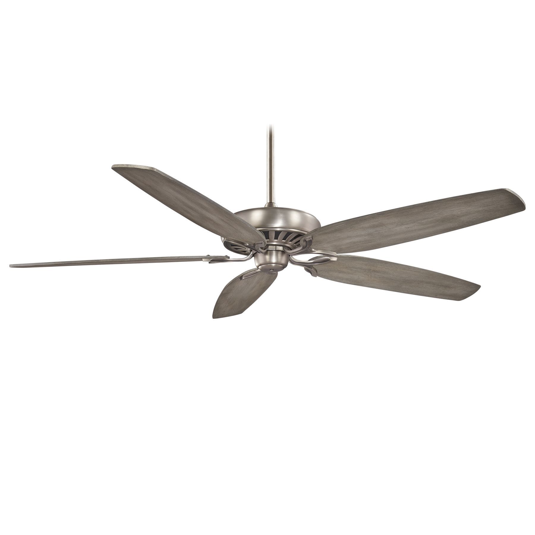 Ceiling fan with five gray wooden blades and a brushed nickel motor housing.