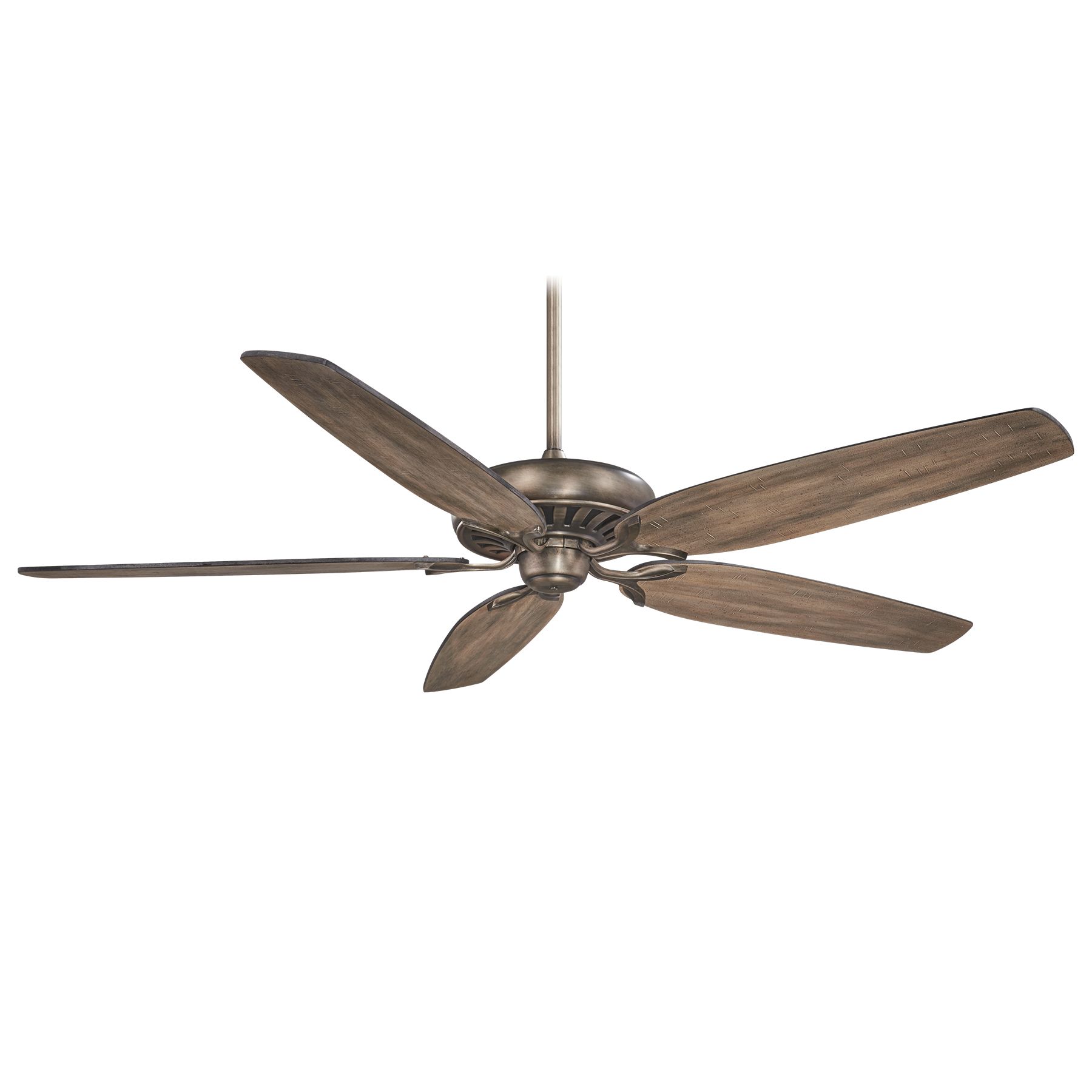 Ceiling fan with five wooden blades and bronze finish.