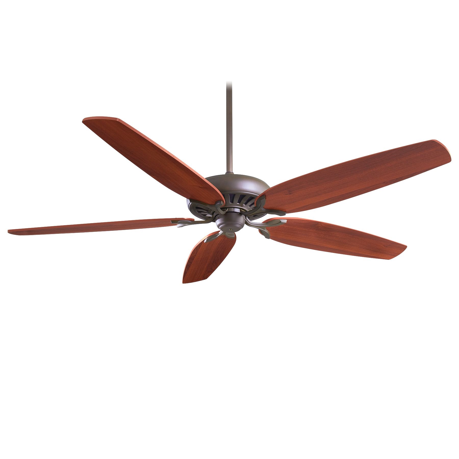 Brown ceiling fan with five wooden blades, angled downwards.
