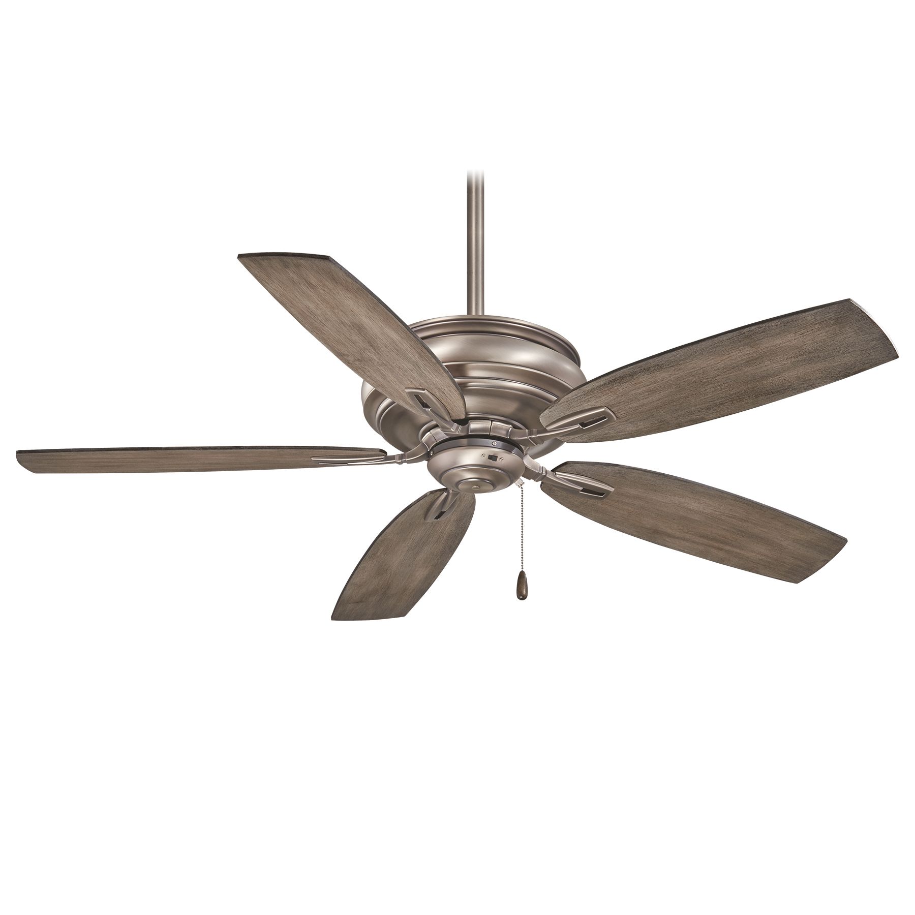 Ceiling fan with five wooden-look blades, silver motor housing, and pull chain.
