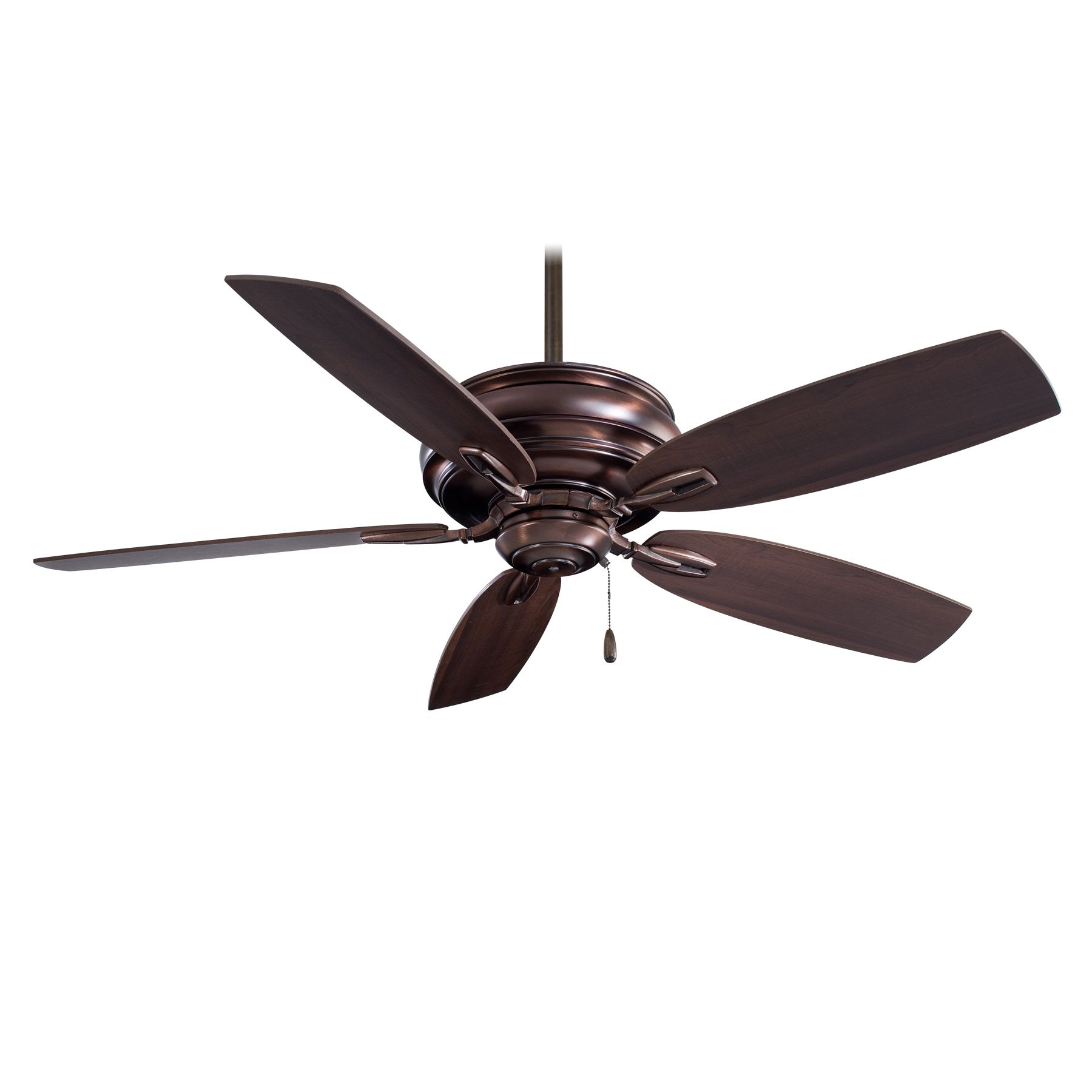 Bronze ceiling fan with five blades, hanging from ceiling.
