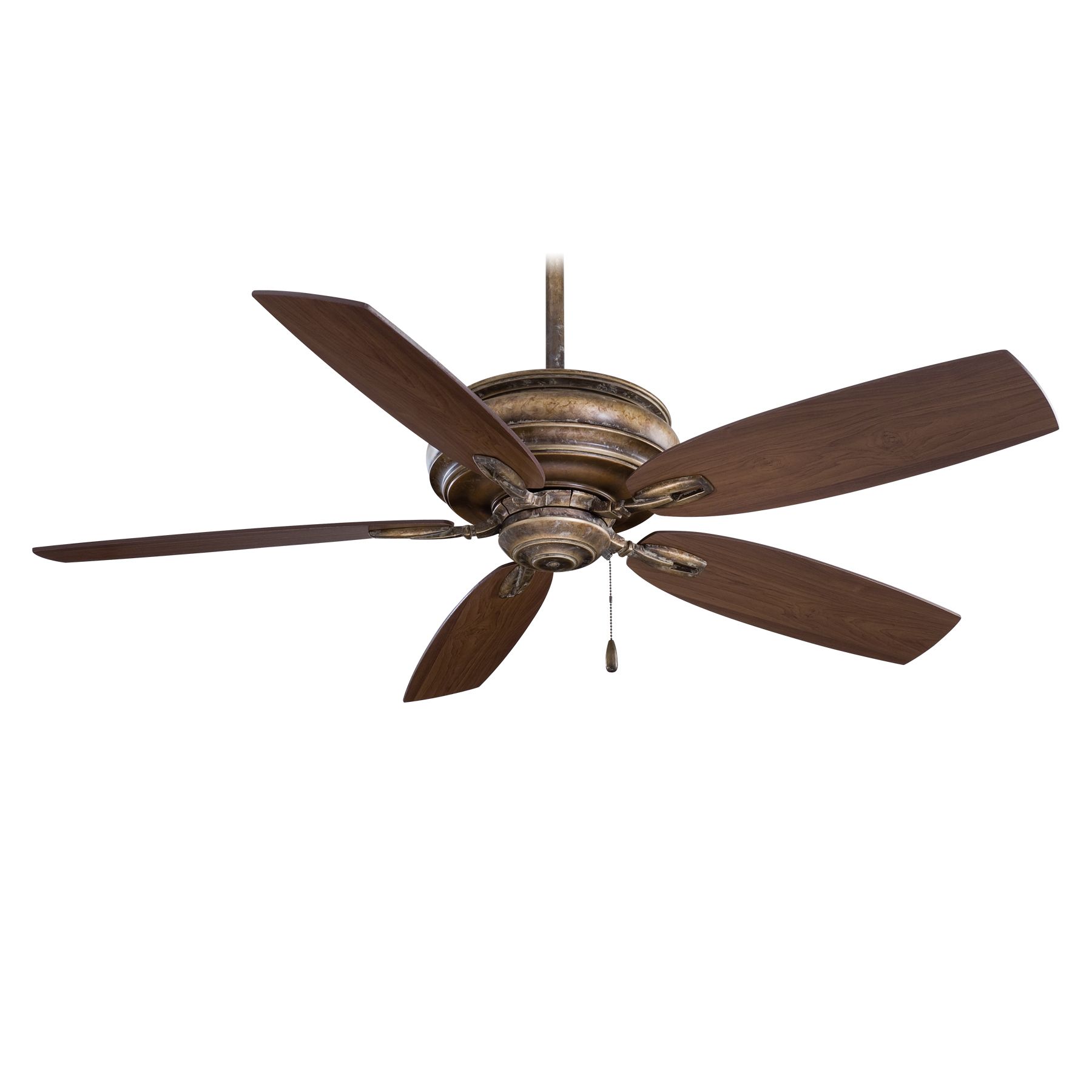 Brown ceiling fan with five blades, bronze finish.