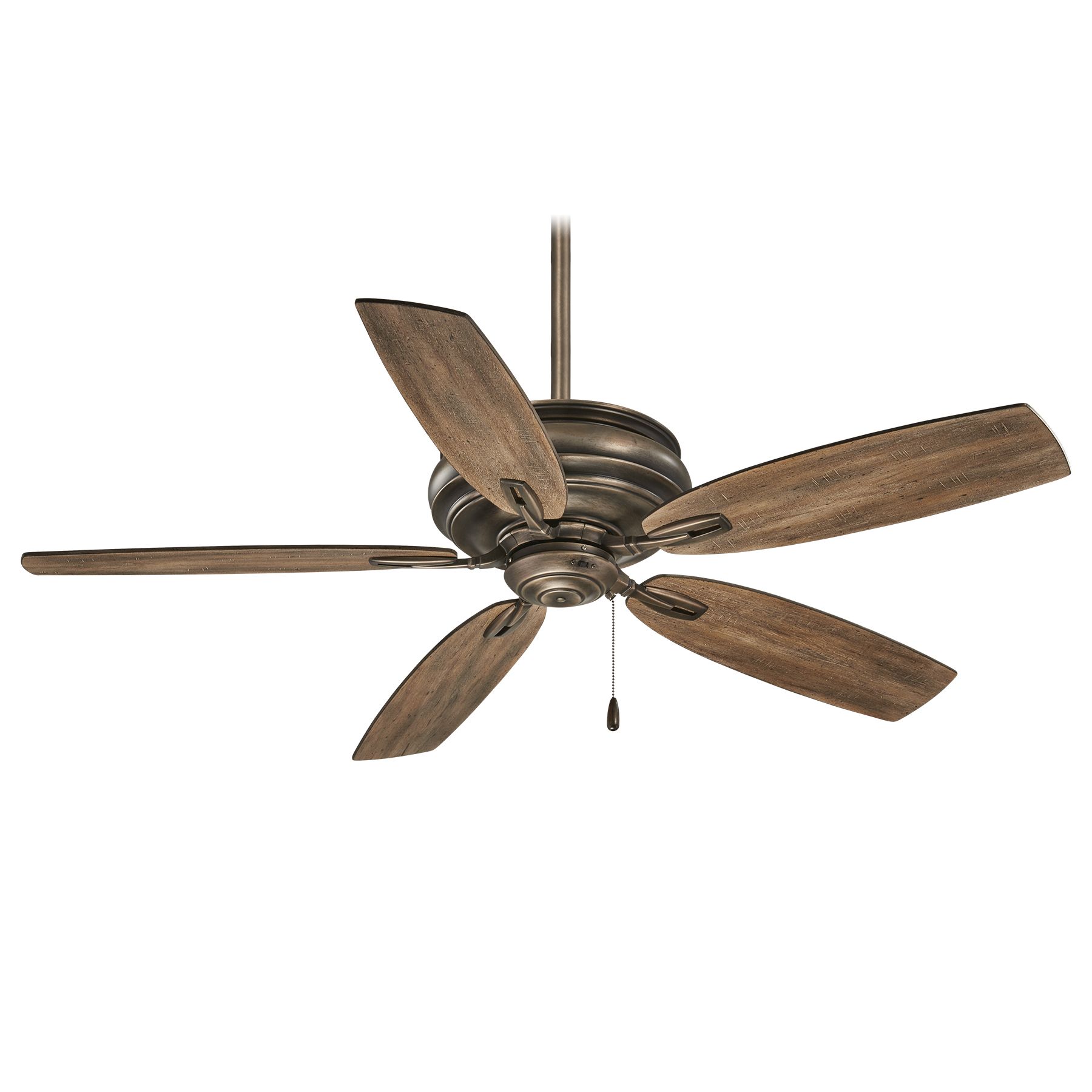 Ceiling fan with five wooden blades, bronze motor housing, hanging from a ceiling.