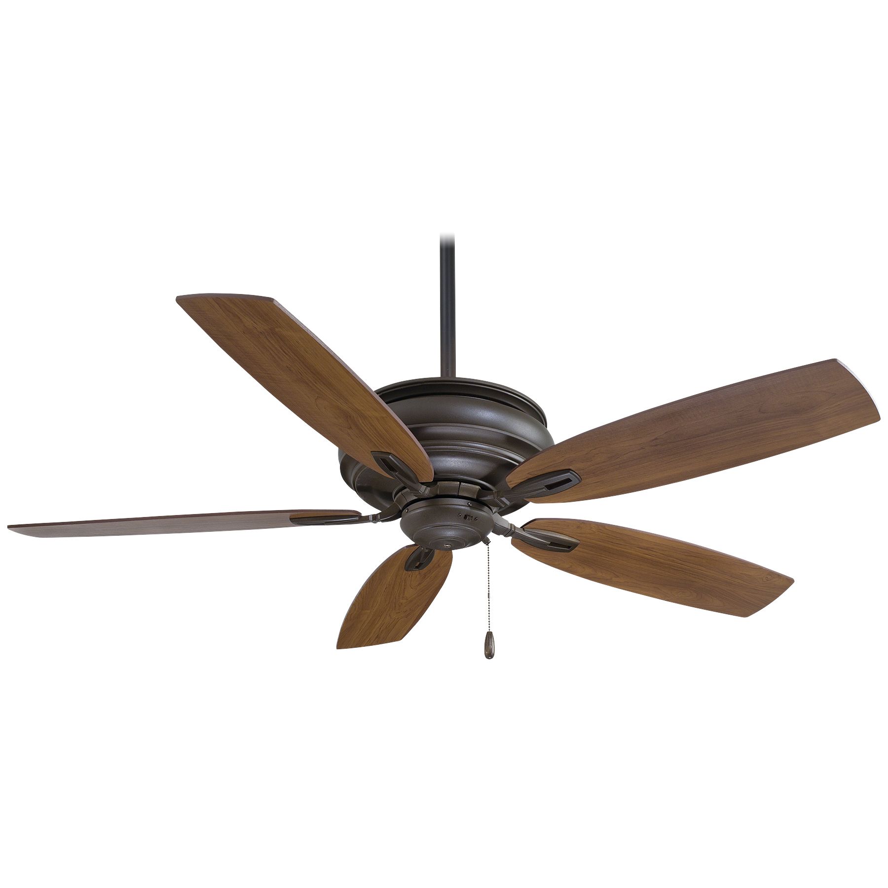 Ceiling fan with five brown blades and a dark bronze housing.