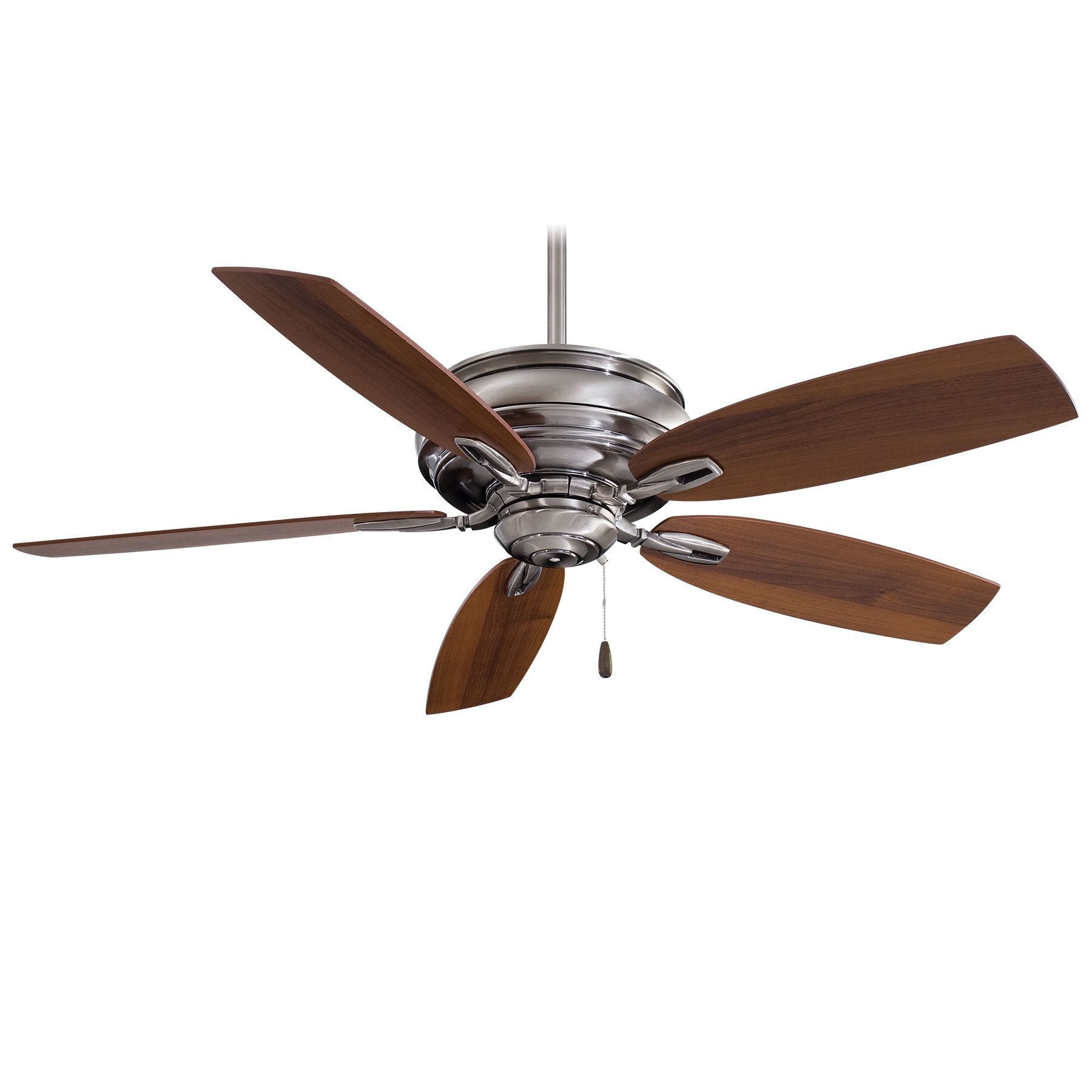 Ceiling fan with five brown wooden blades and a silver motor housing.