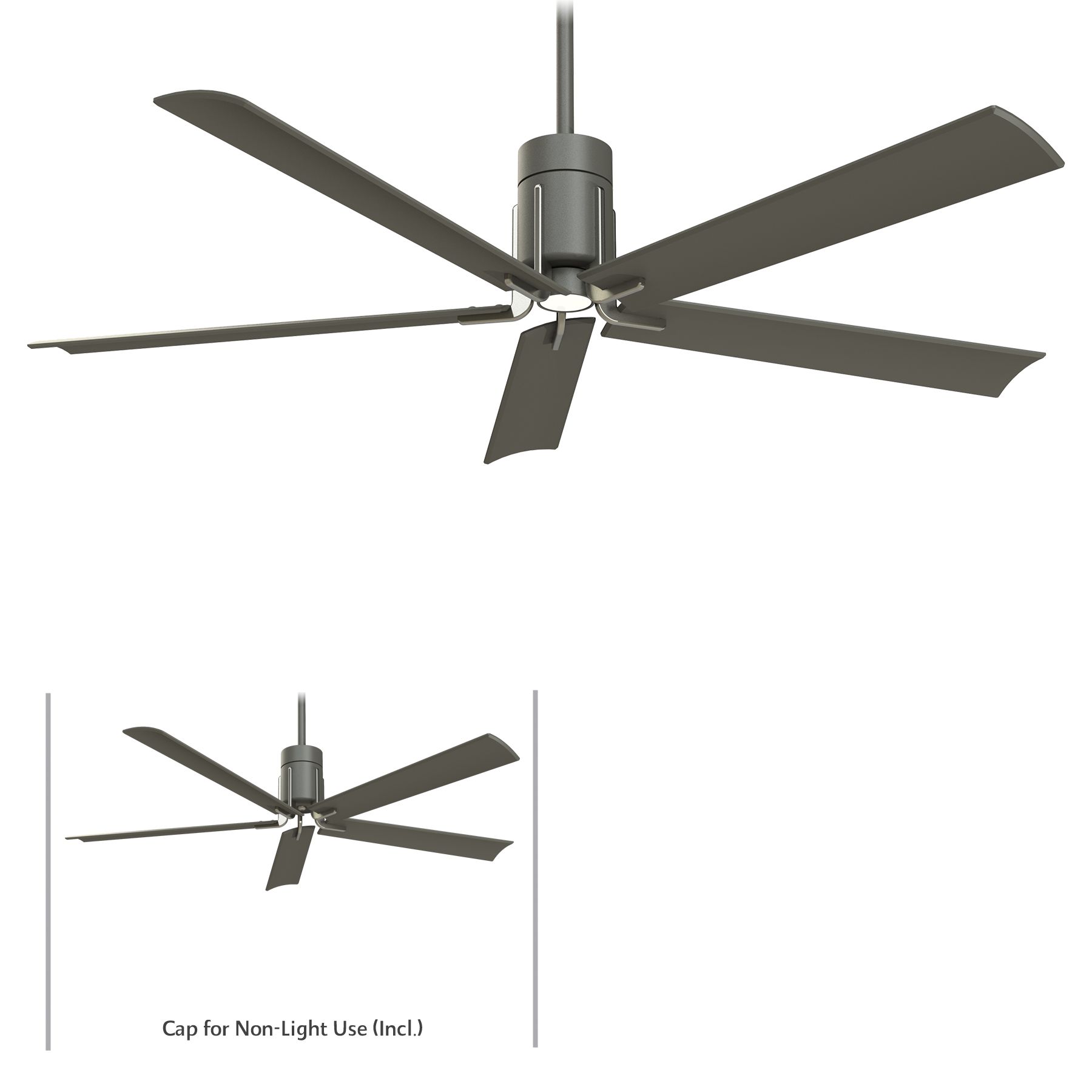 Gray ceiling fan with six blades, viewed from below.