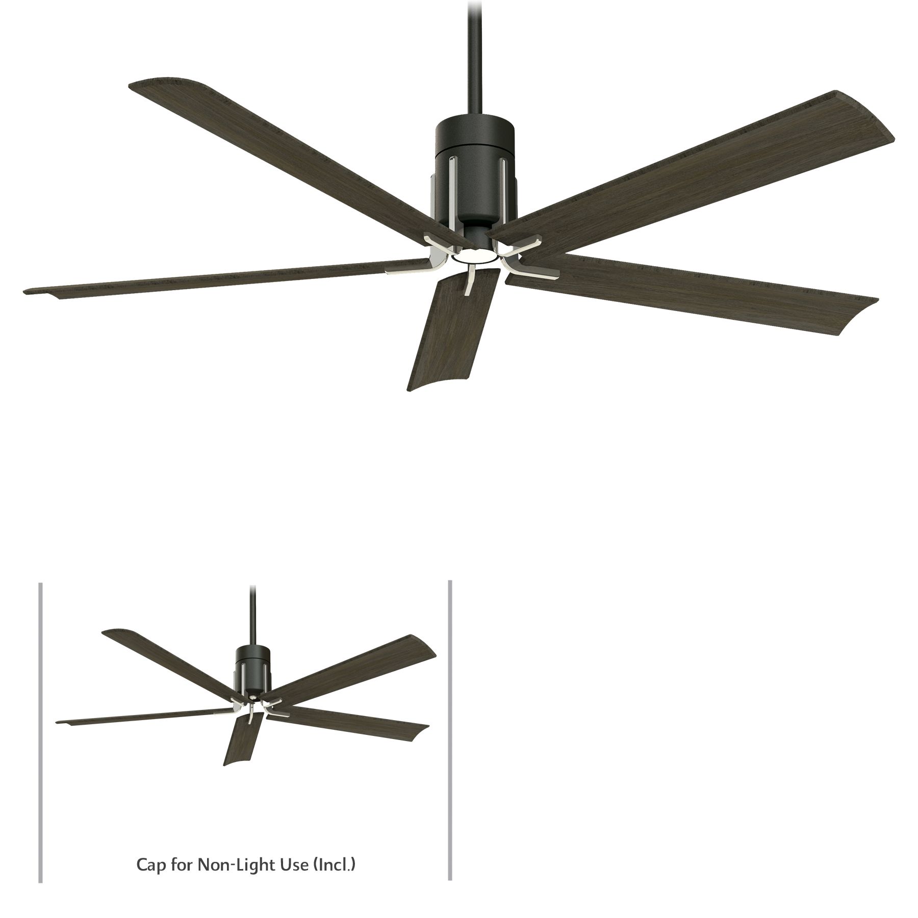 Black ceiling fan with six dark wood blades.