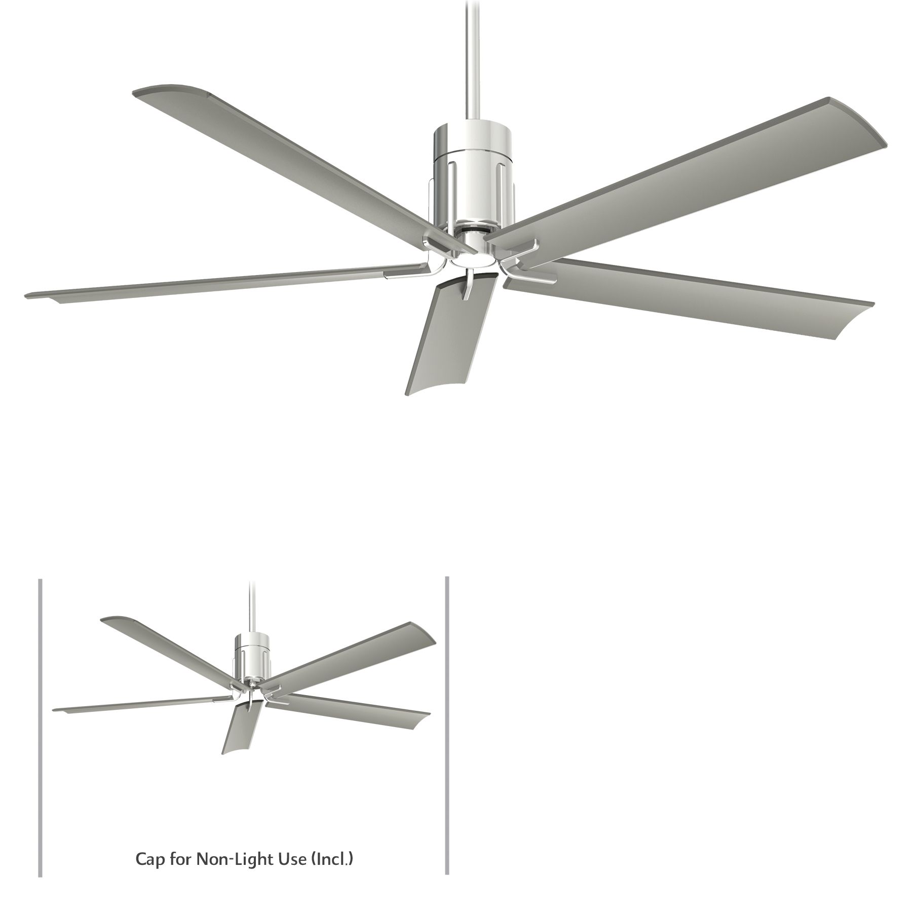 Silver ceiling fan with five blades, hanging against a white background.