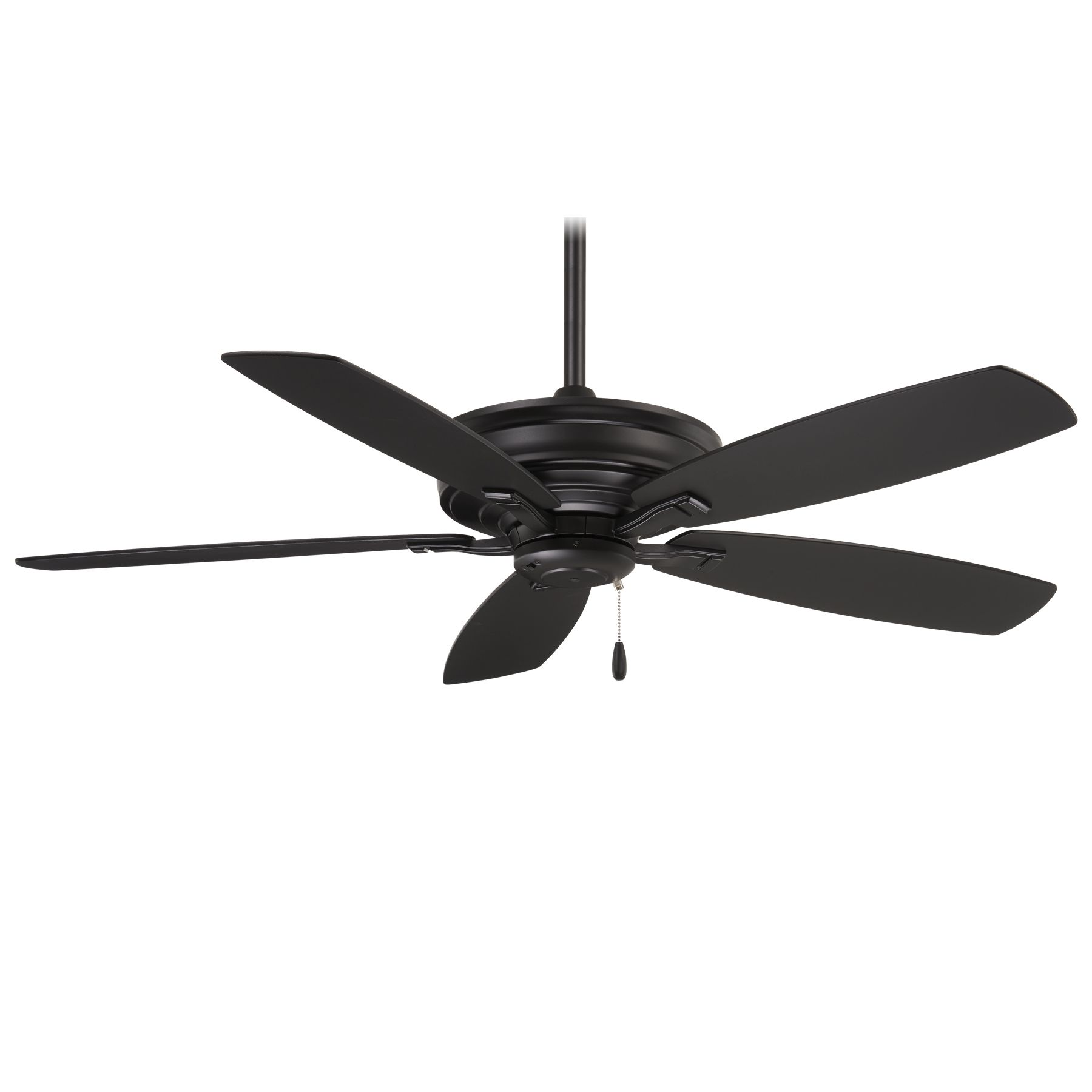 Black ceiling fan with five blades.
