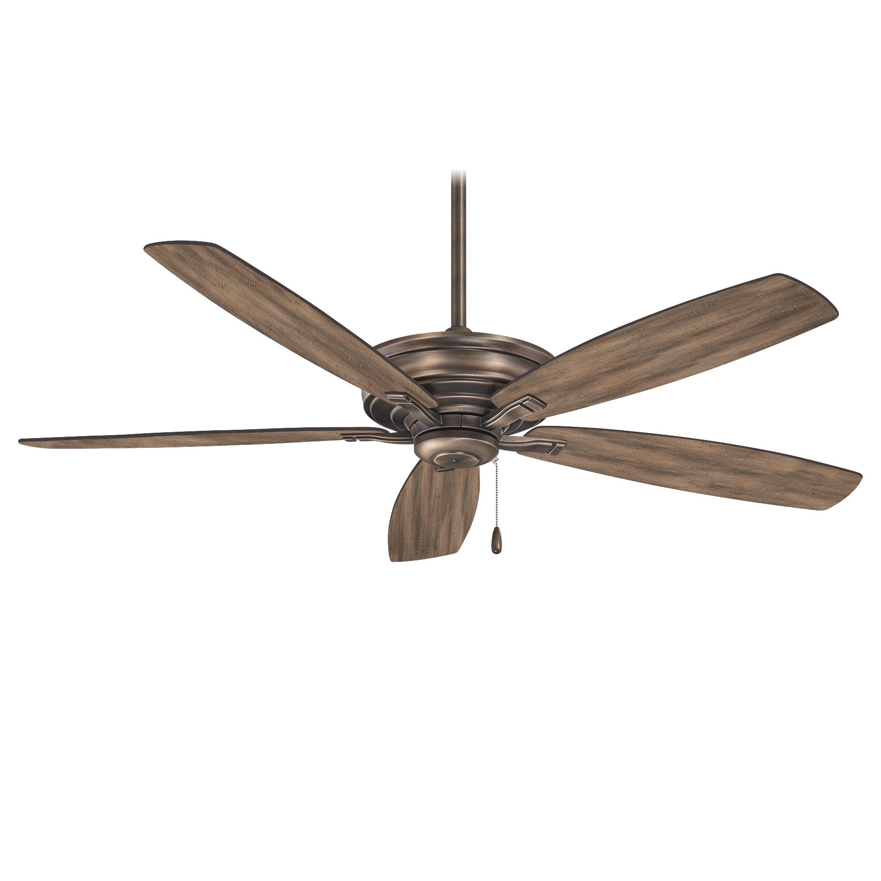 Ceiling fan with five wooden blades, bronze finish.