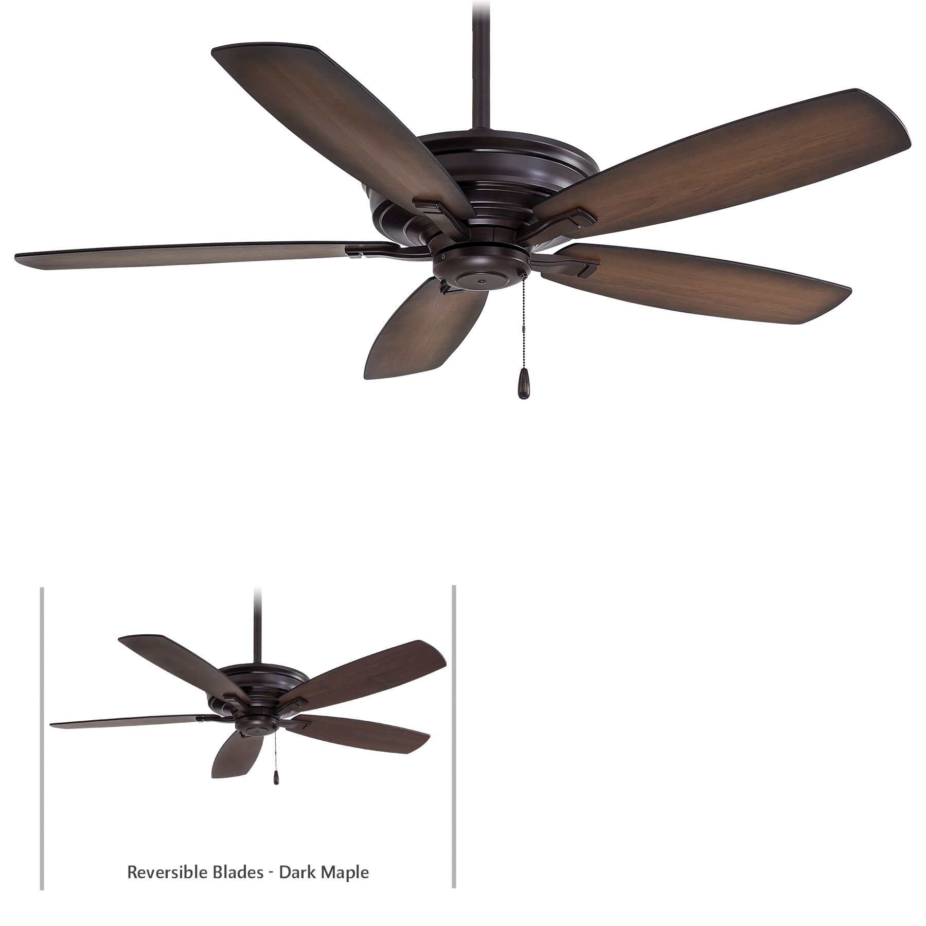 Ceiling fan with five dark brown blades and motor housing; cork maple finish.