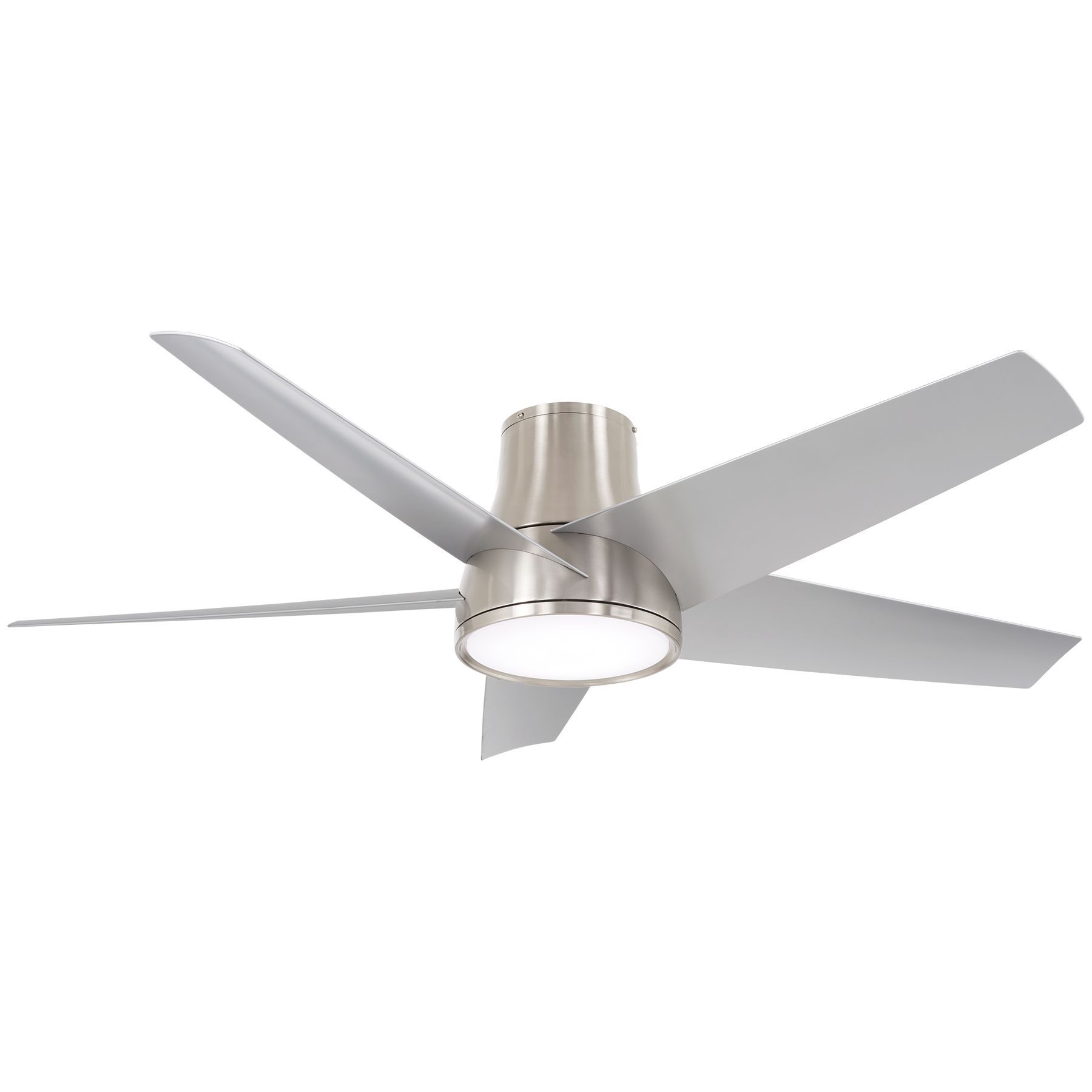 Silver ceiling fan with five blades and a central light fixture.