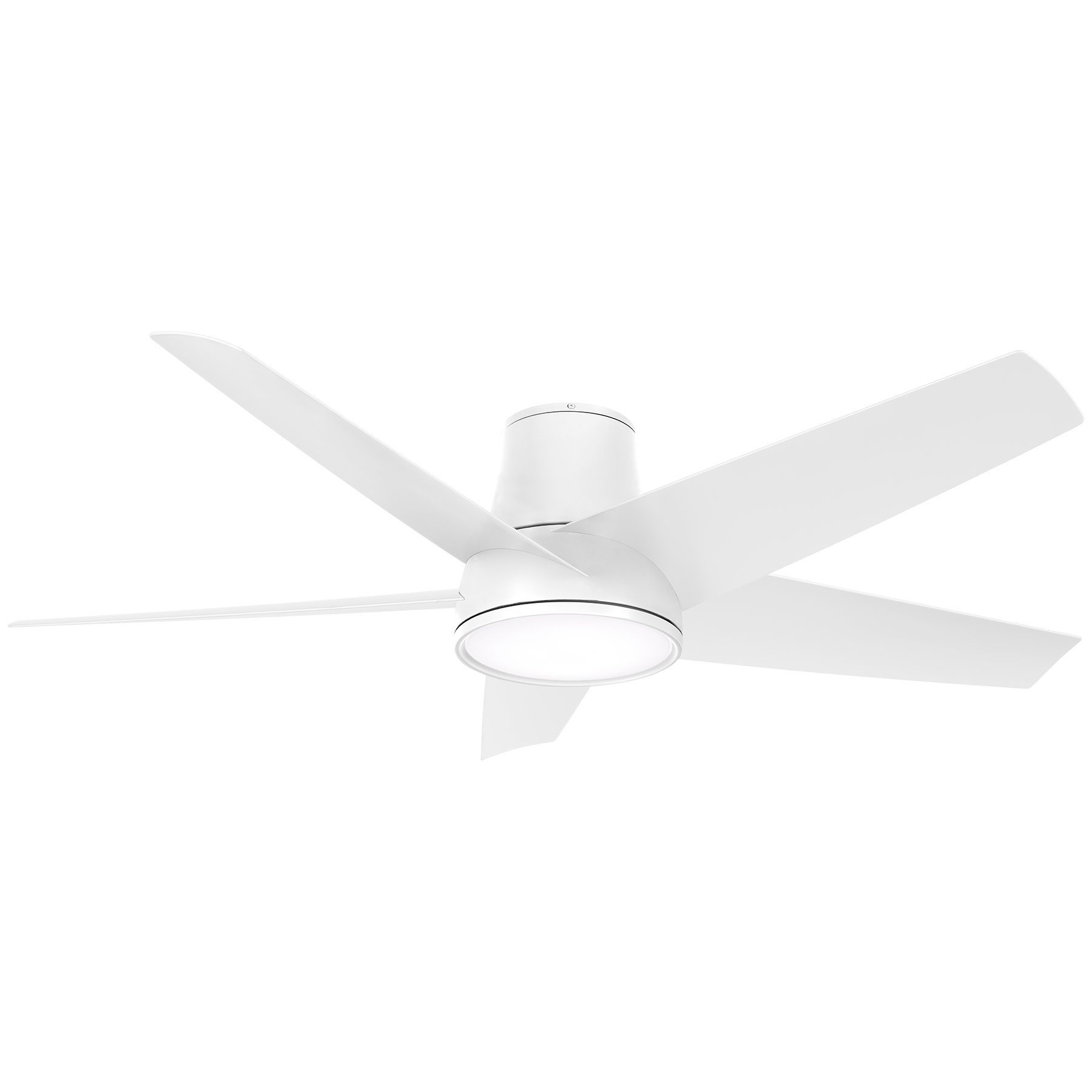 White ceiling fan with five blades and integrated light.