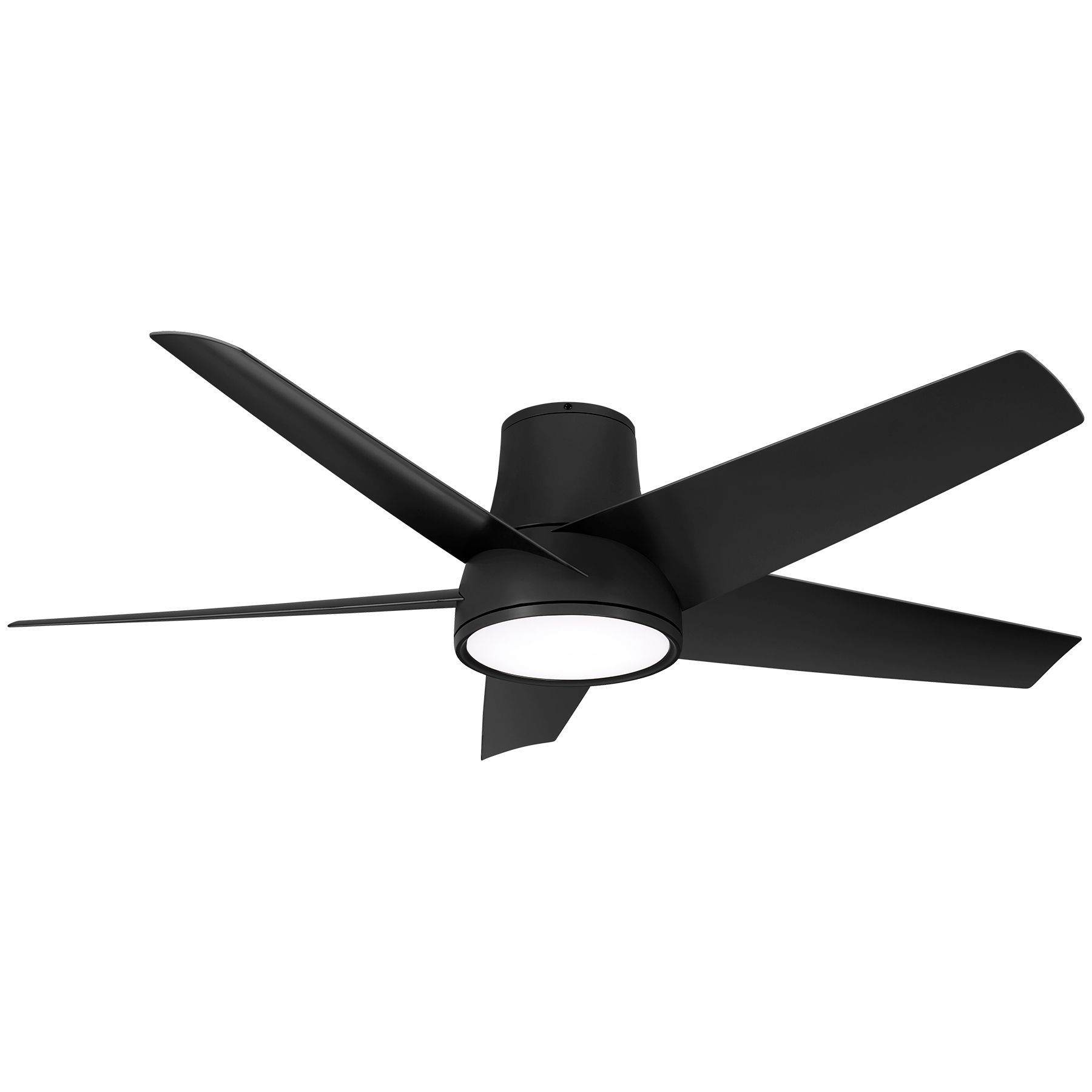 Black ceiling fan with five blades and integrated light.