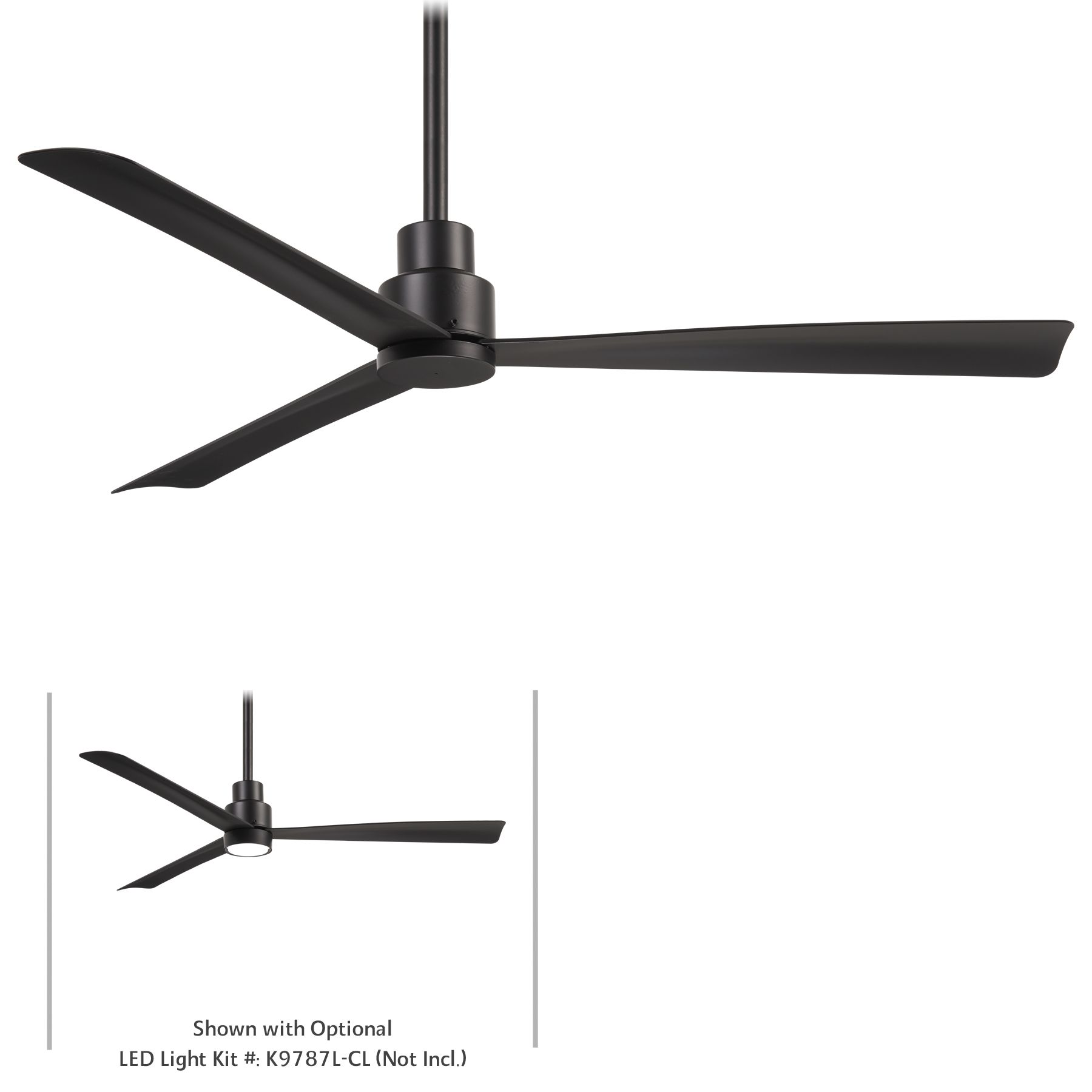 Black ceiling fan with three blades.