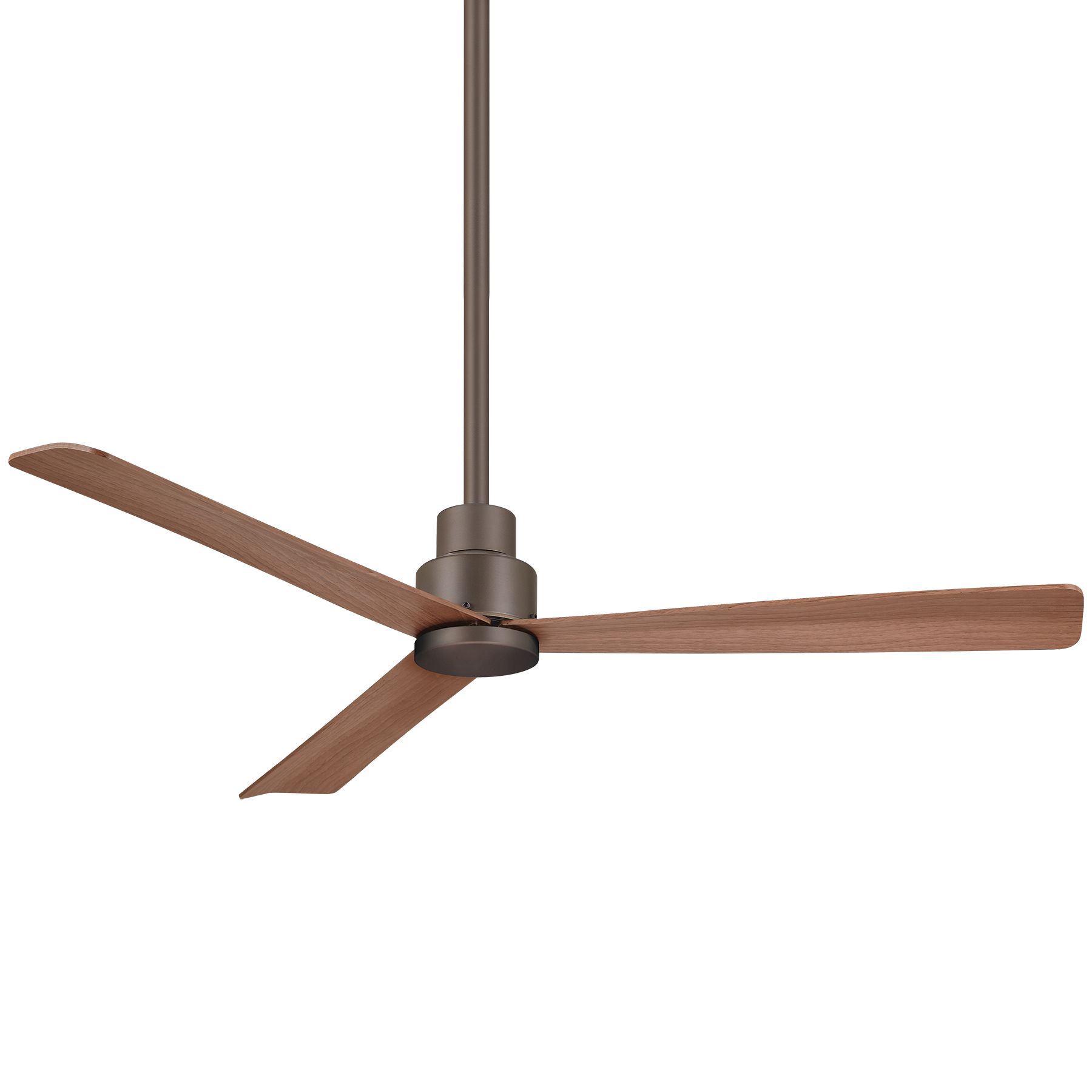 Brown ceiling fan with three wooden blades, hanging from a dark metal rod.