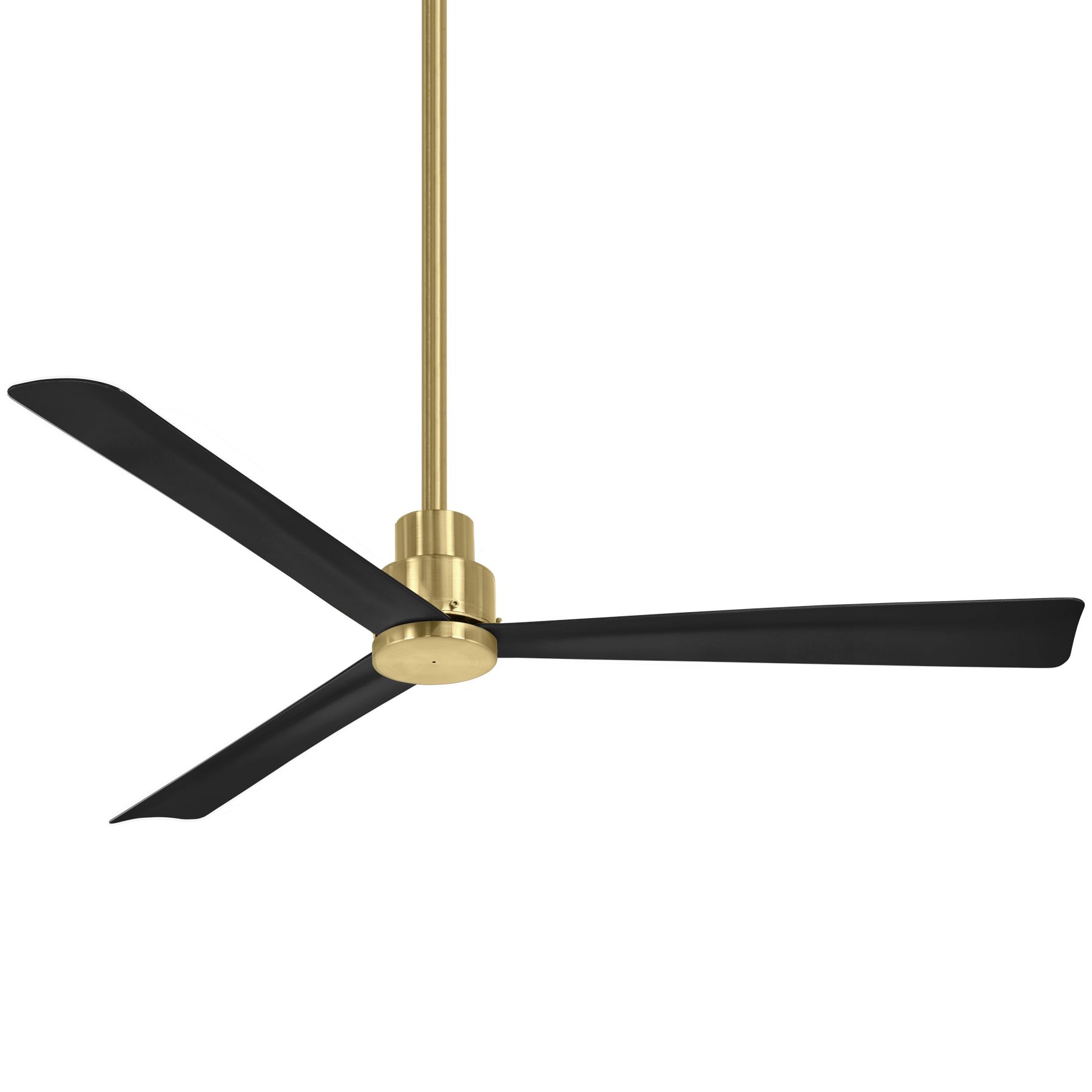 Black-bladed ceiling fan with a gold motor and rod.