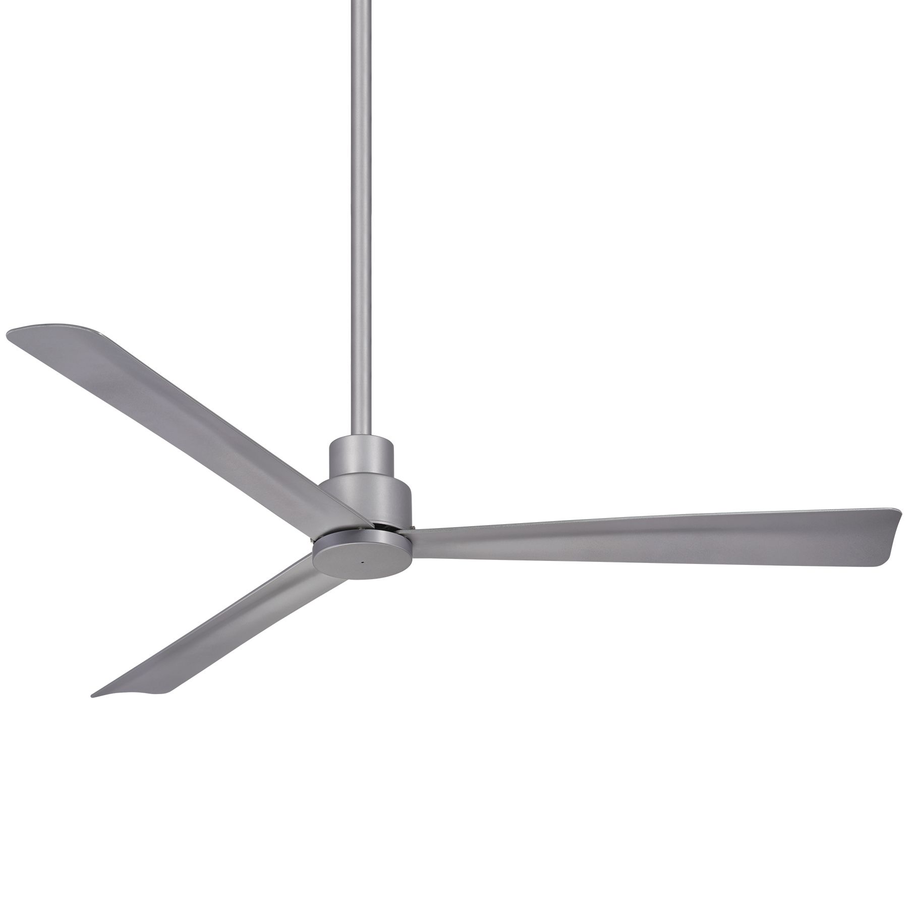 Silver ceiling fan with three blades, hanging from a gray rod.