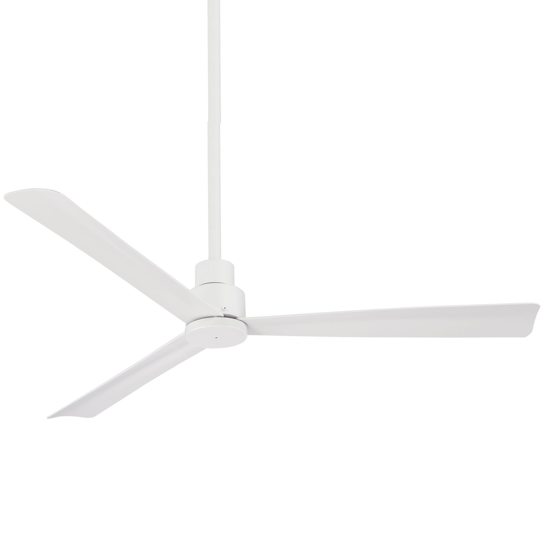 White ceiling fan with three blades, hanging from a white rod.