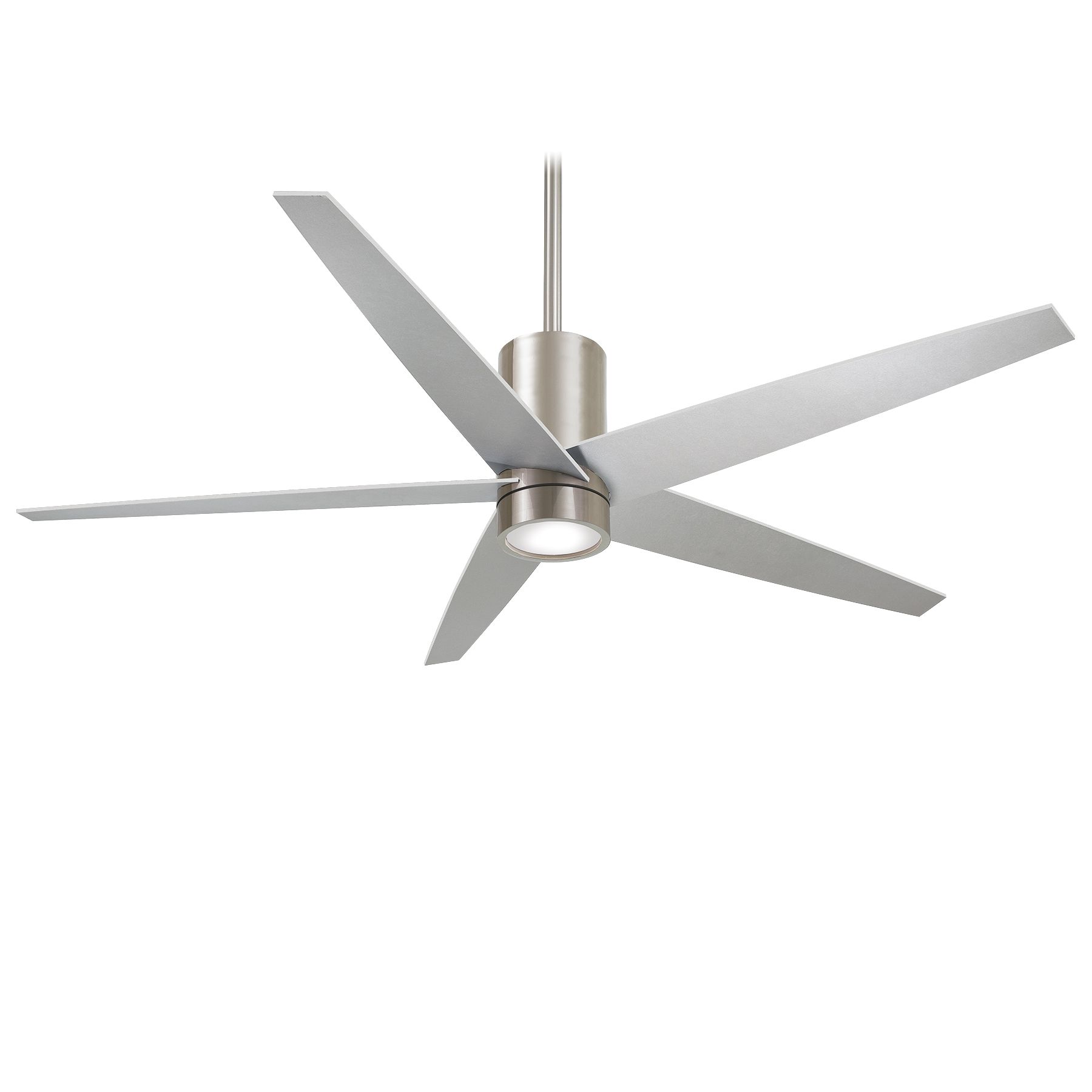 Silver ceiling fan with five blades and a light.