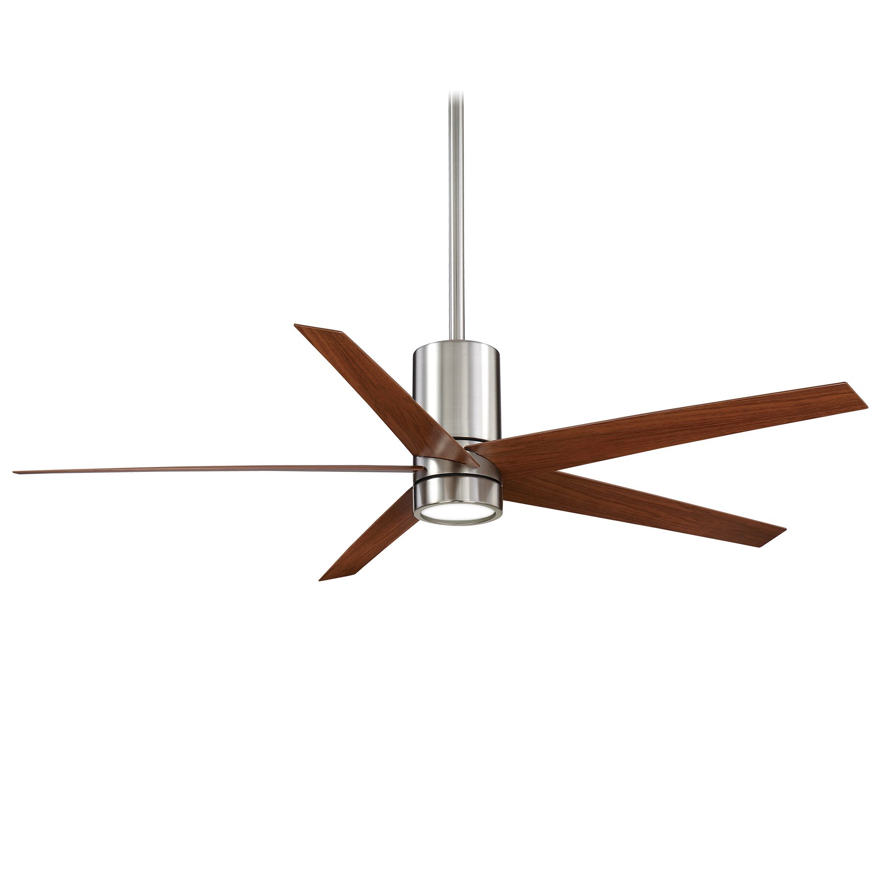Brushed nickel ceiling fan with five brown wooden blades, and a central light.