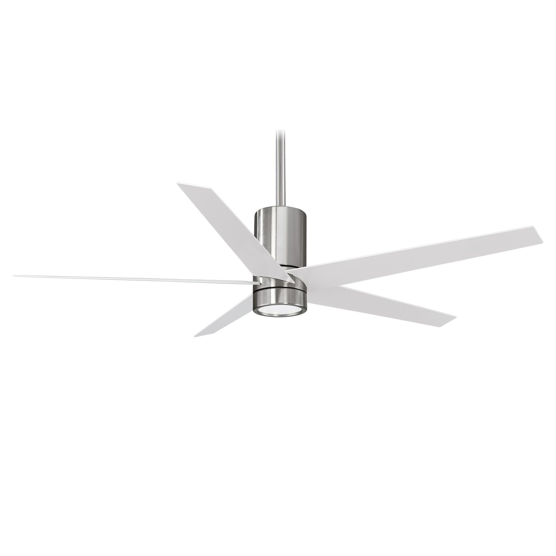 Silver ceiling fan with five white blades.