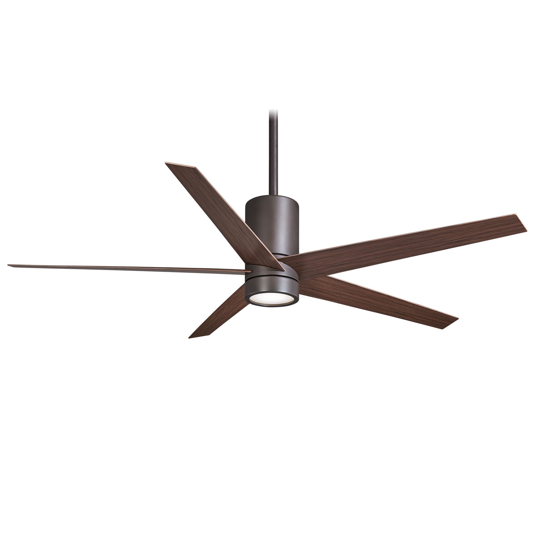 Dark bronze ceiling fan with five wooden blades, light fixture, white background.