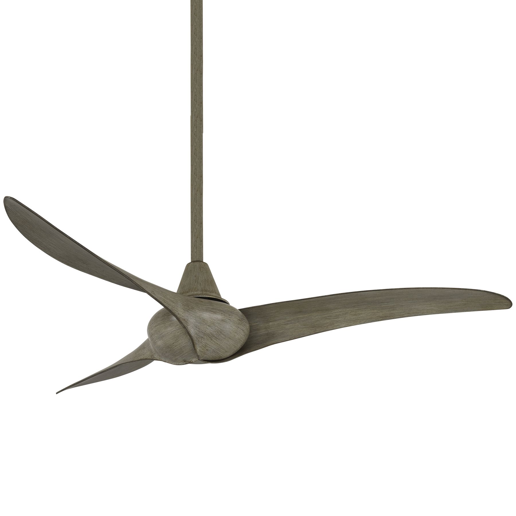 Gray, three-blade ceiling fan, hanging from a ceiling, isolated on white.