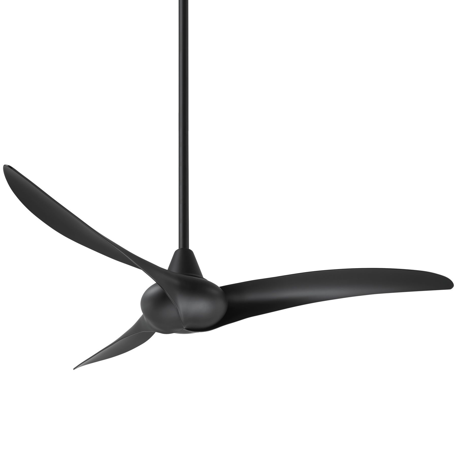 Black ceiling fan with three curved blades, hanging from a rod.