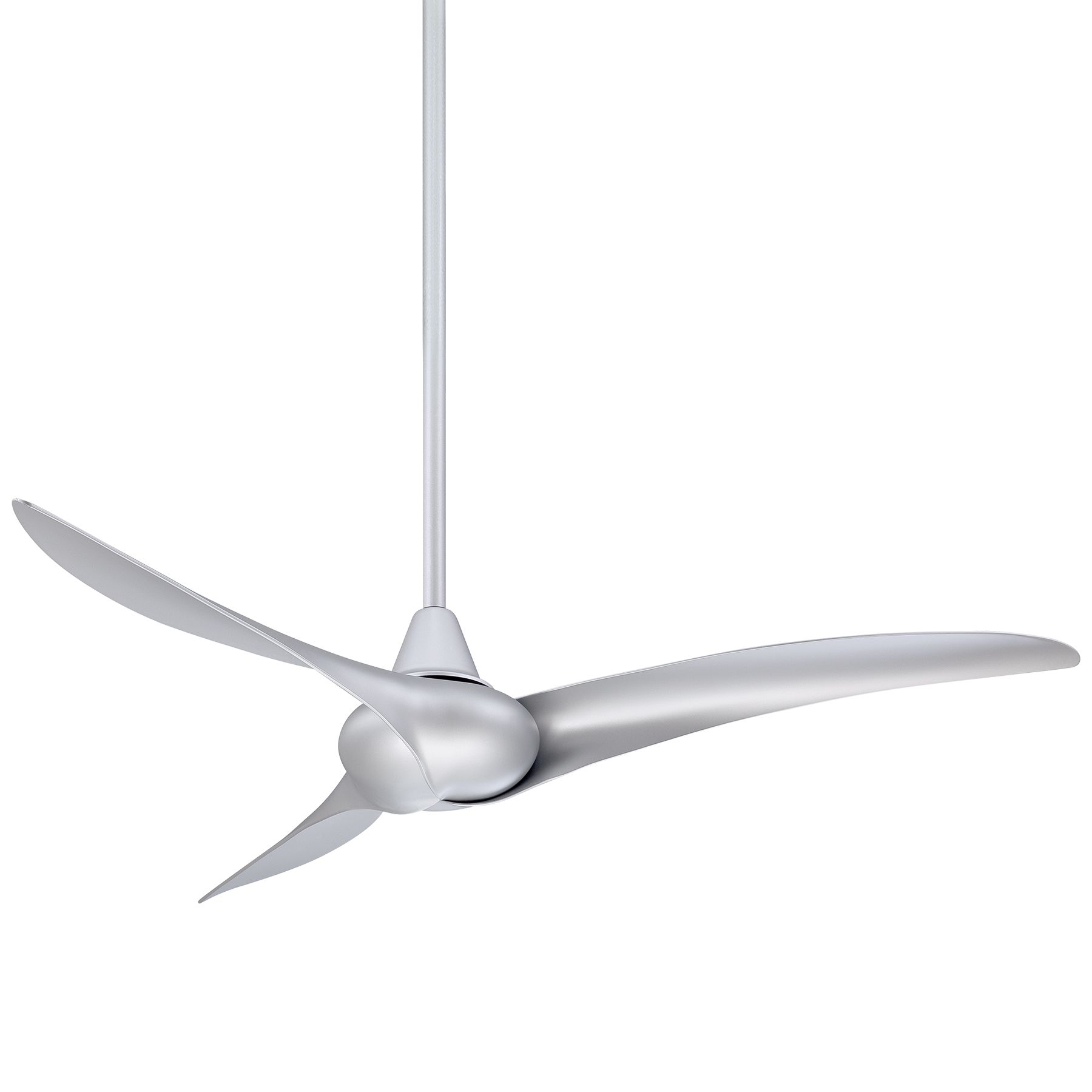 Silver ceiling fan with three curved blades, hanging from a white rod.