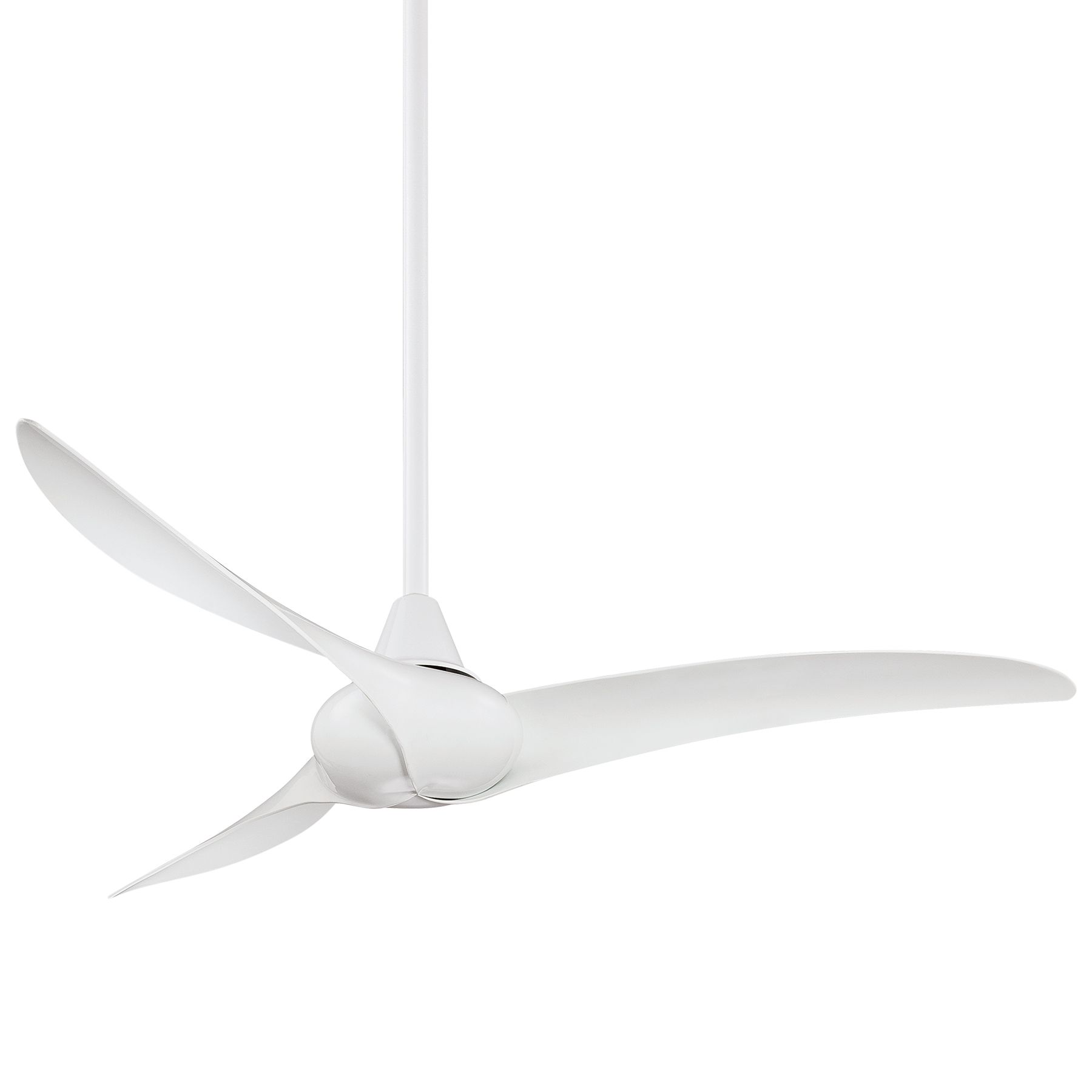 White ceiling fan with three curved blades and a long white rod.