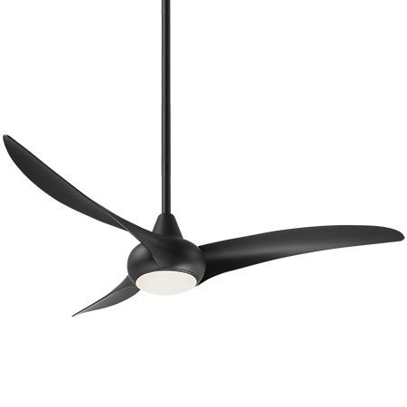 Black modern ceiling fan with three curved blades and integrated light.