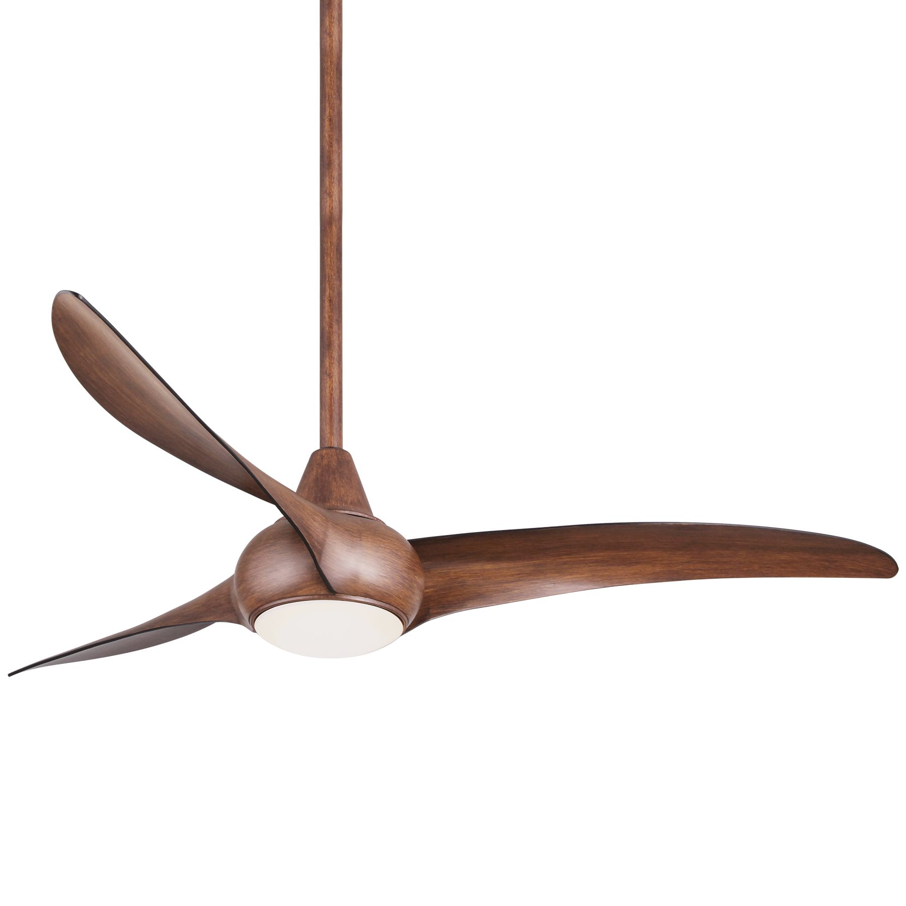Brown ceiling fan with three curved blades and a built-in light.
