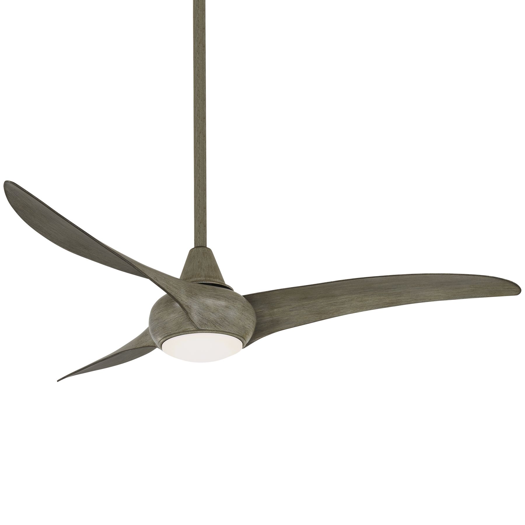 Gray ceiling fan with three curved blades and a light.