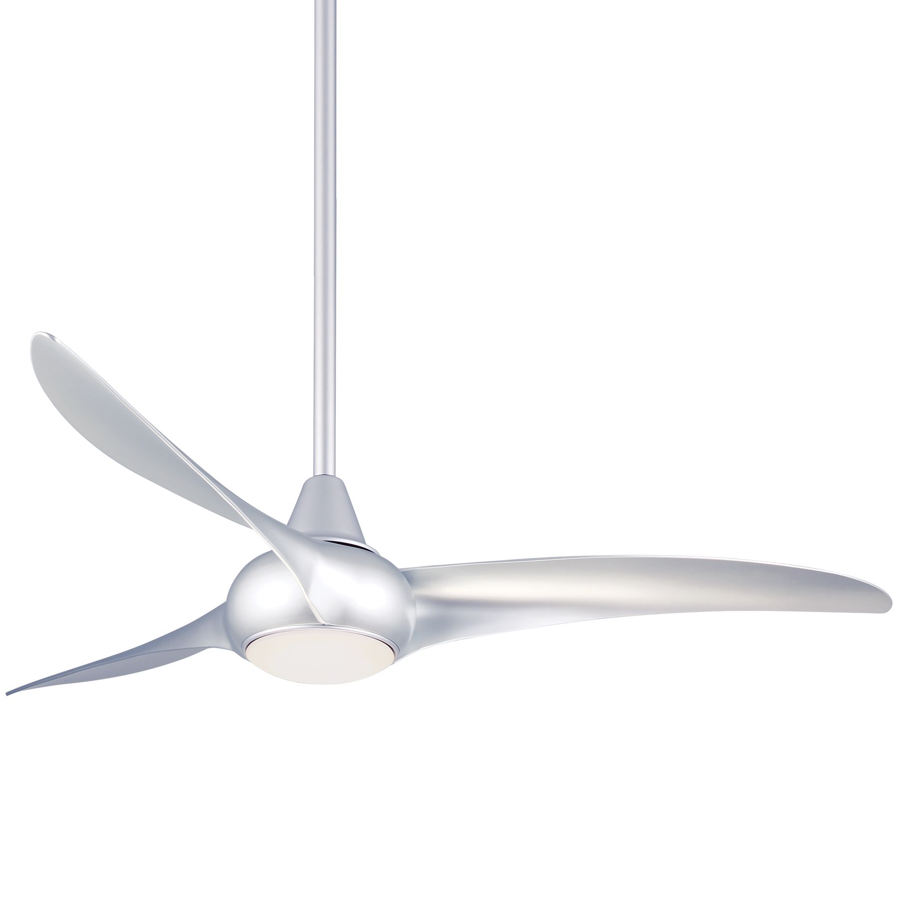 Silver ceiling fan with three curved blades and integrated light.