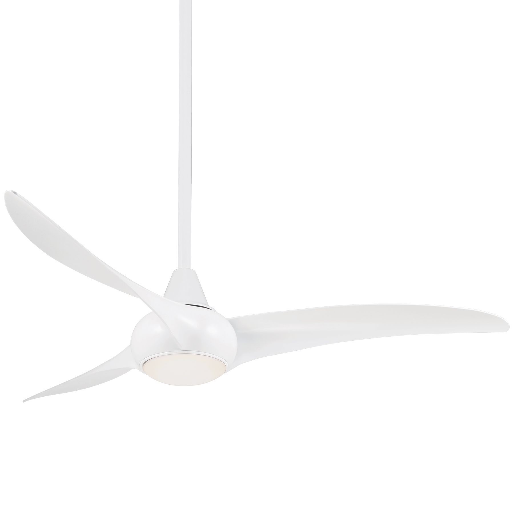 White ceiling fan with three curved blades and a central light fixture.