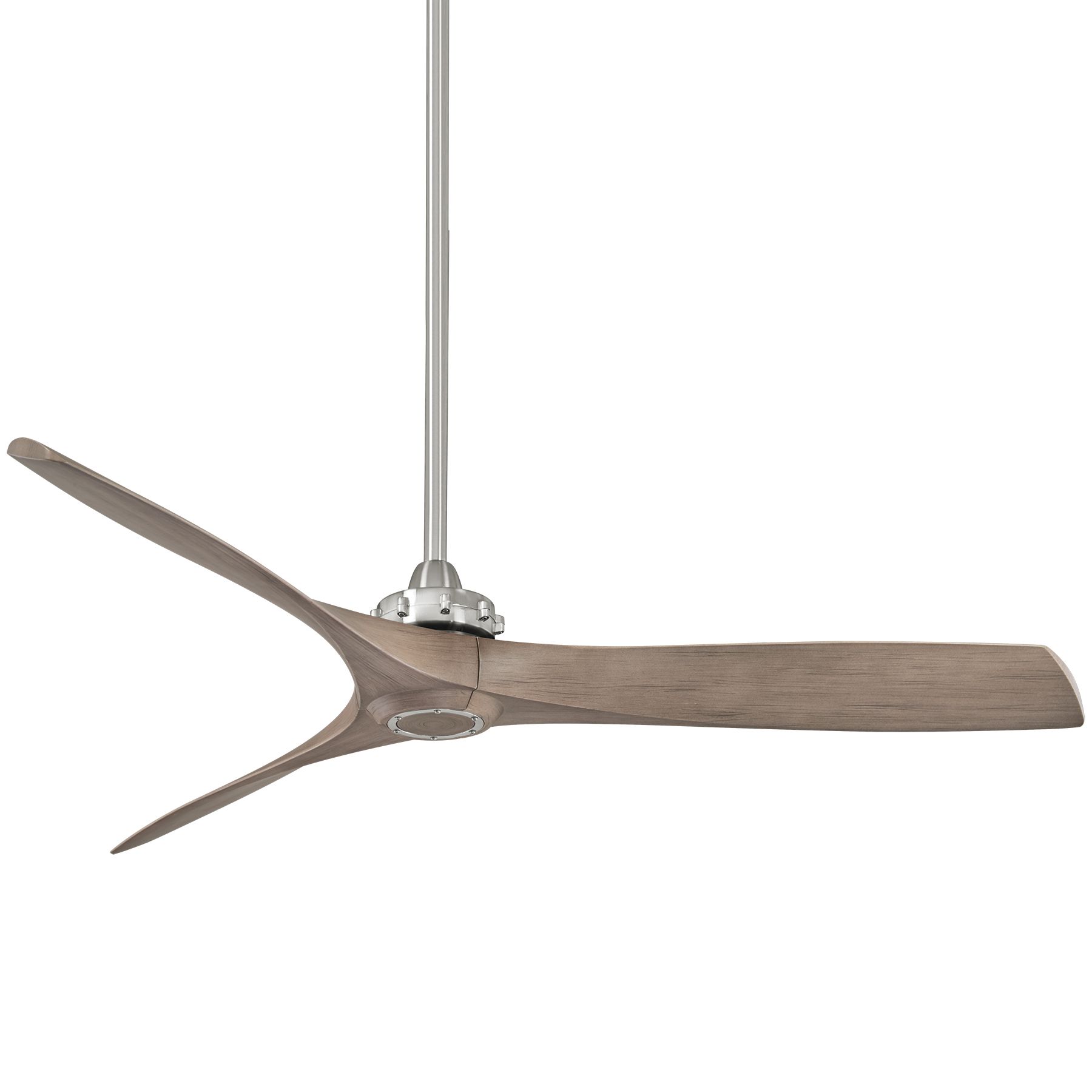 Ceiling fan with three wooden blades, silver finish, and a neutral background.