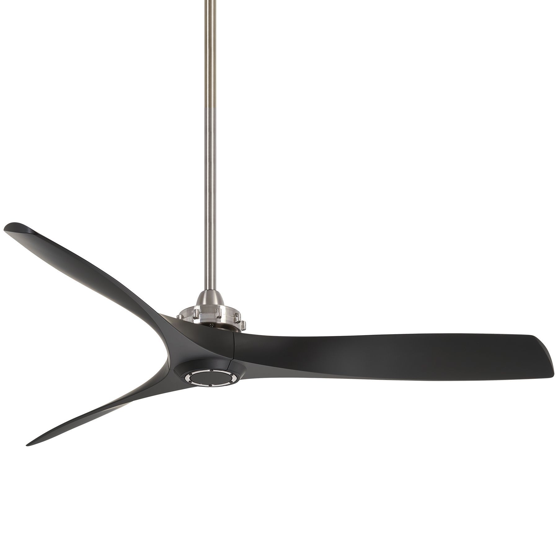 Black and silver ceiling fan with three curved blades, hanging from a rod.