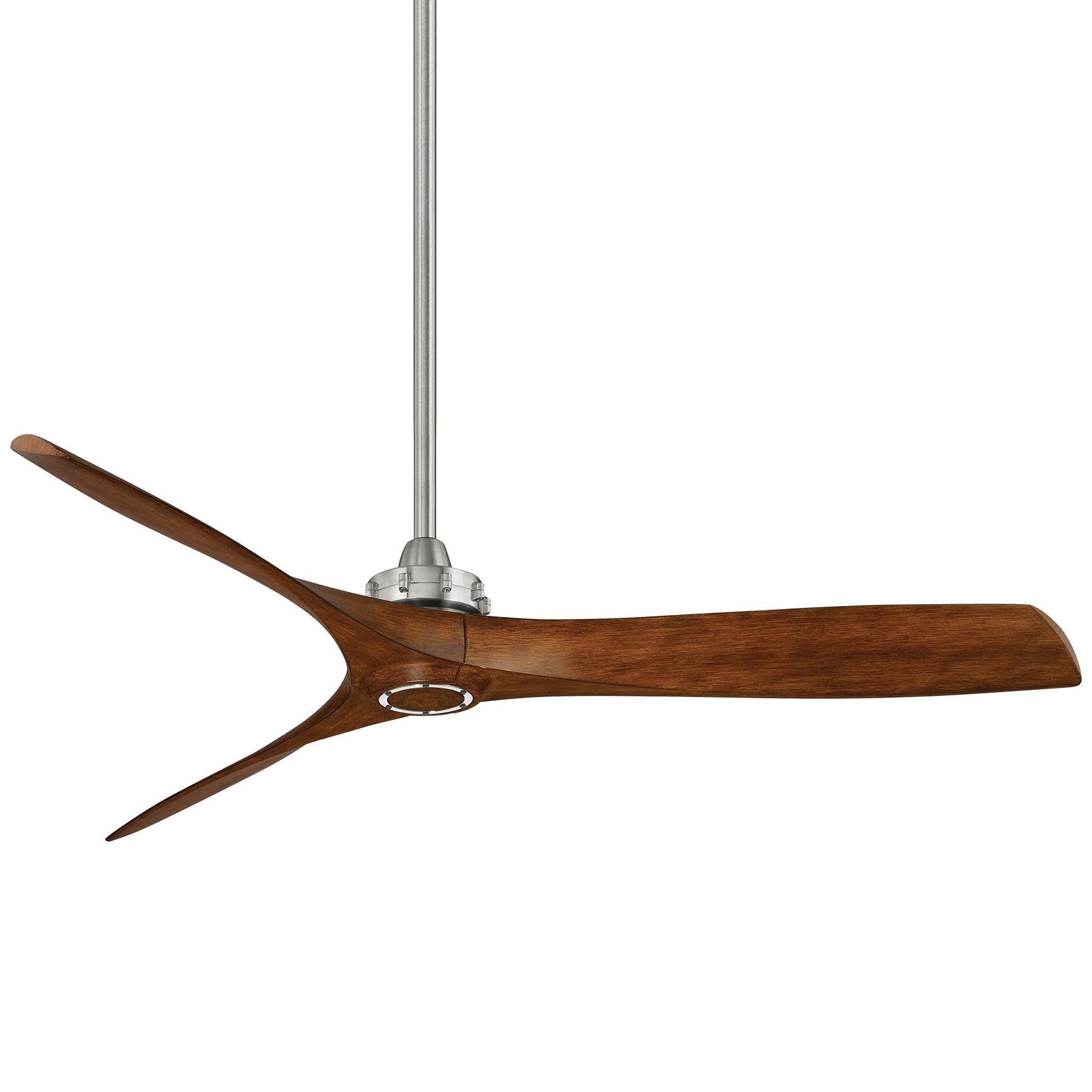 Modern ceiling fan with a dark wood finish and silver pole.