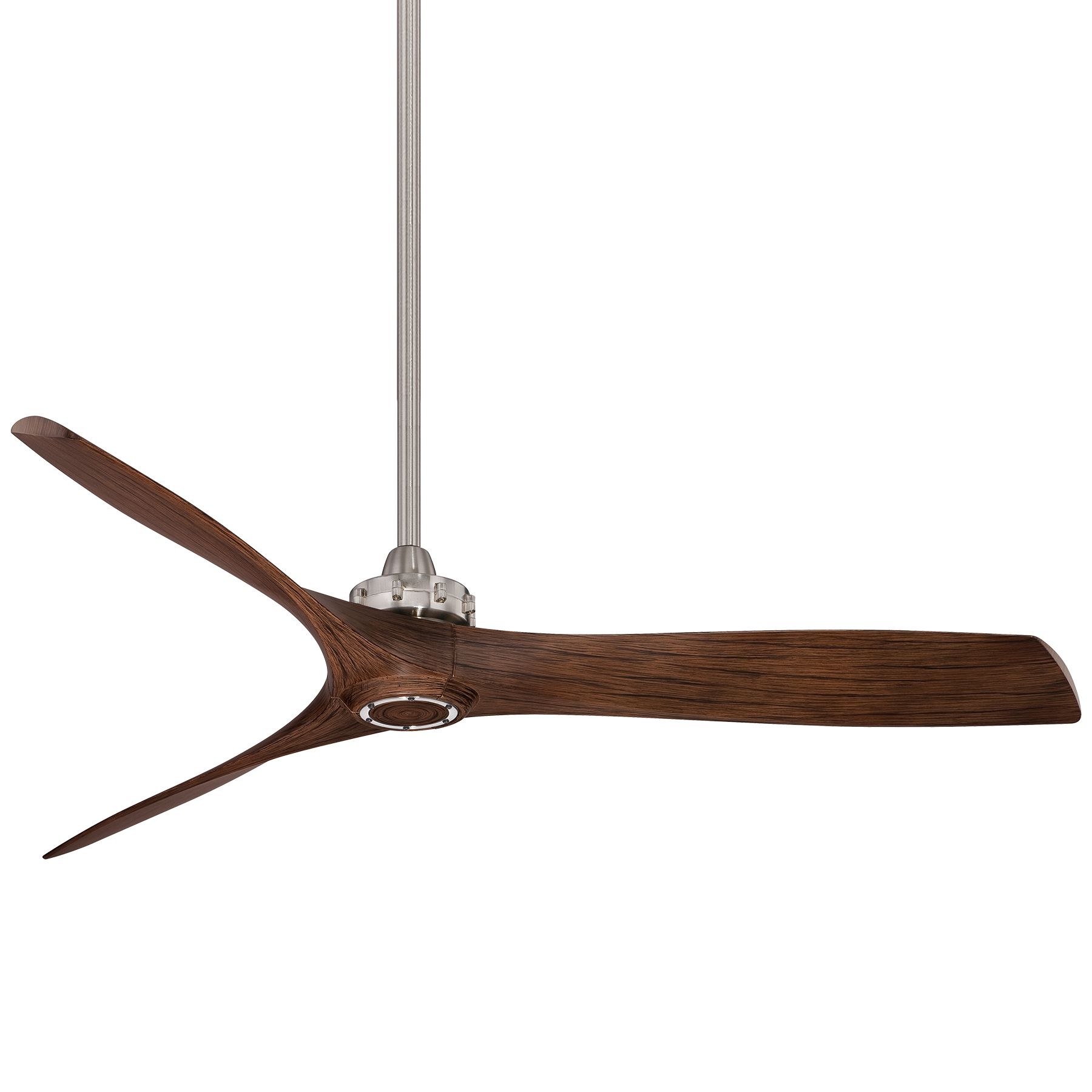 Ceiling fan with three wooden blades and a silver motor housing, hanging from a ceiling.