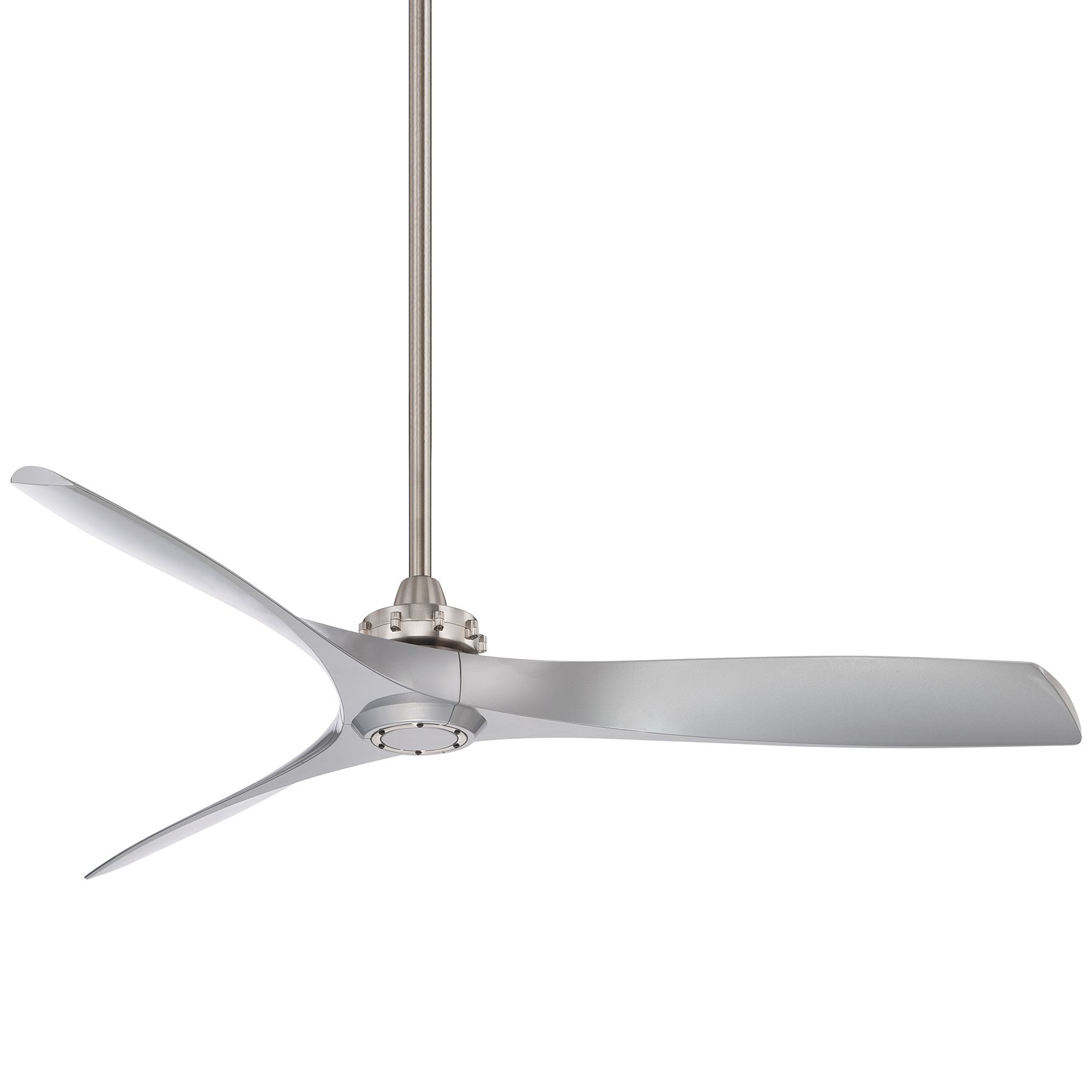Silver three-blade ceiling fan with a long metal downrod, against a white background.
