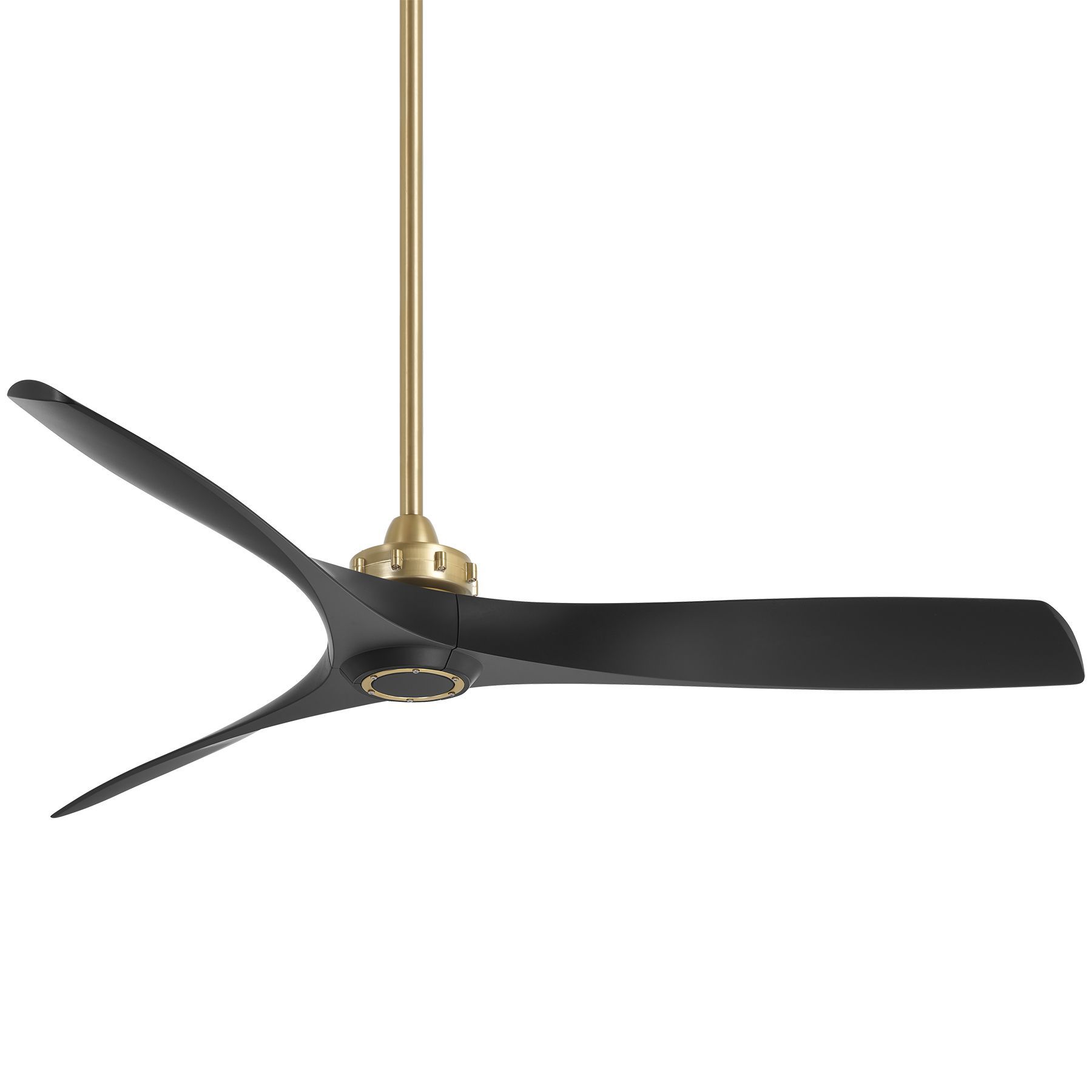 Black ceiling fan with three curved blades and gold accents.