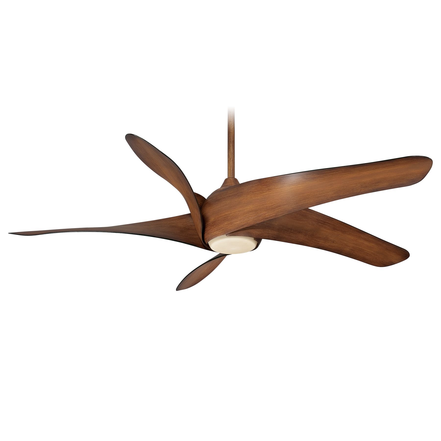 Brown wooden ceiling fan with five blades and a light.
