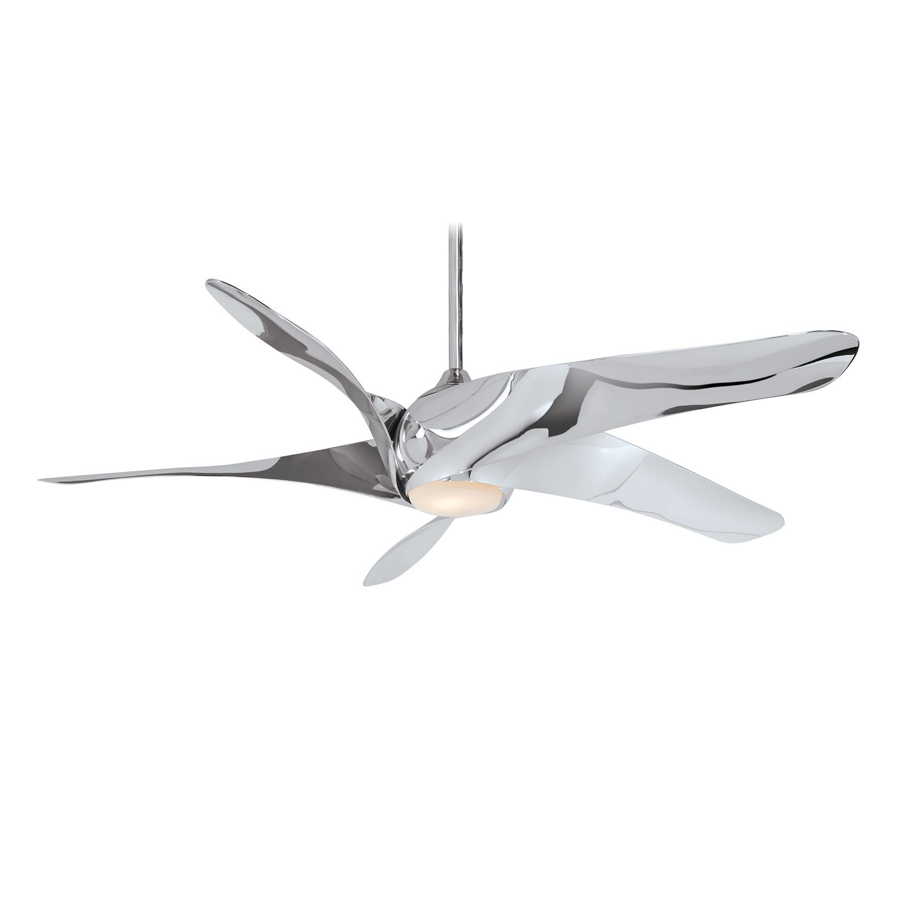 Chrome ceiling fan with five blade design and integrated light.