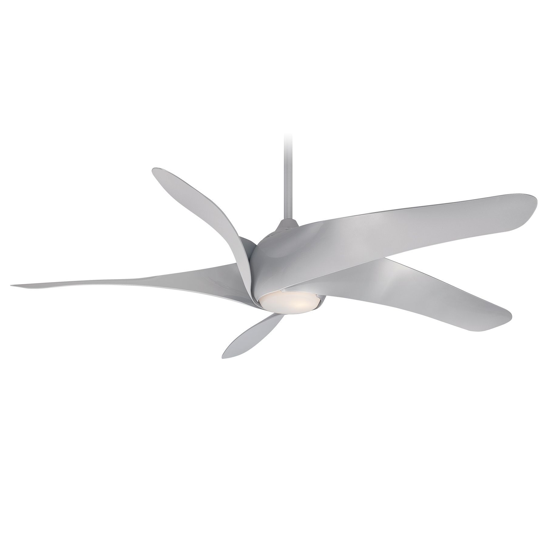 Gray modern ceiling fan with five curved blades and a light fixture.