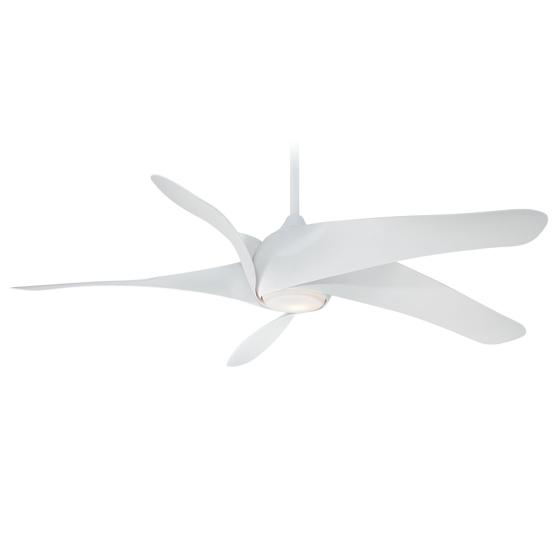 White, modern ceiling fan with five curved blades against a white background.