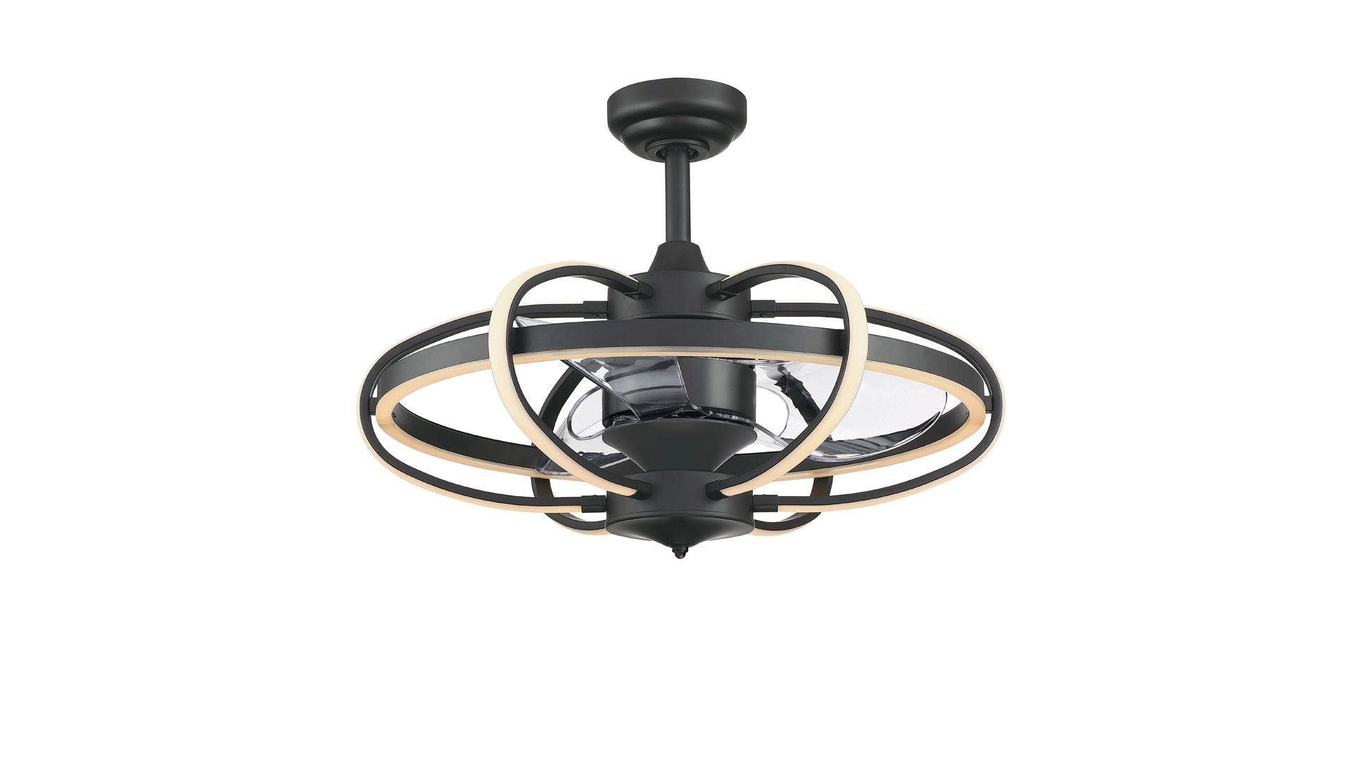 Black ceiling fan with a circular LED light ring and decorative elements.