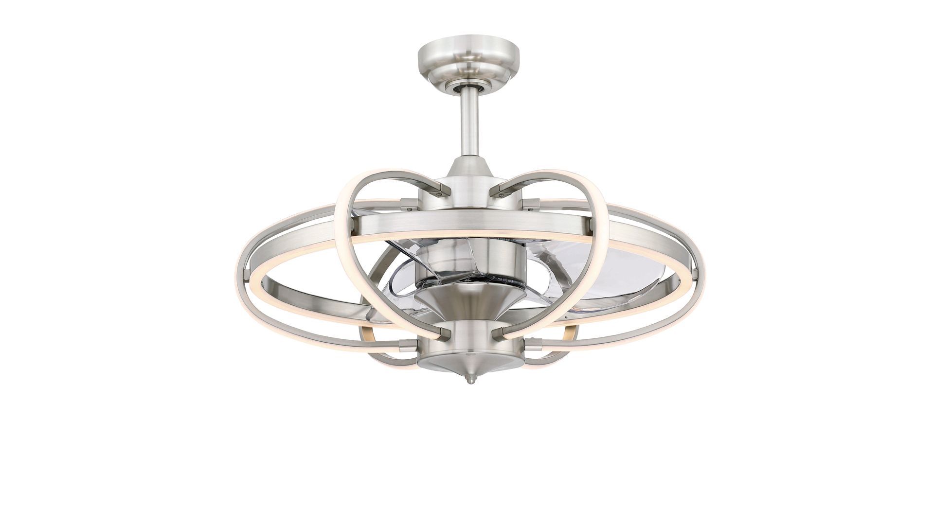 Brushed nickel ceiling fan with LED lights in a white studio setting.