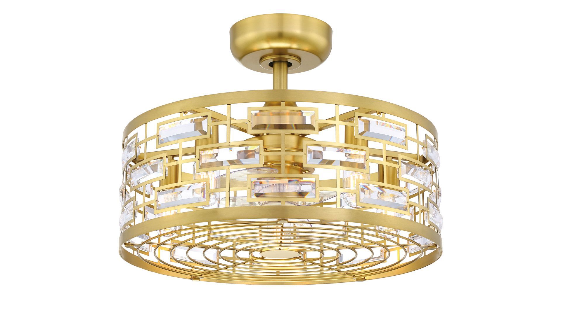Gold-toned ceiling fan with a geometric crystal design.