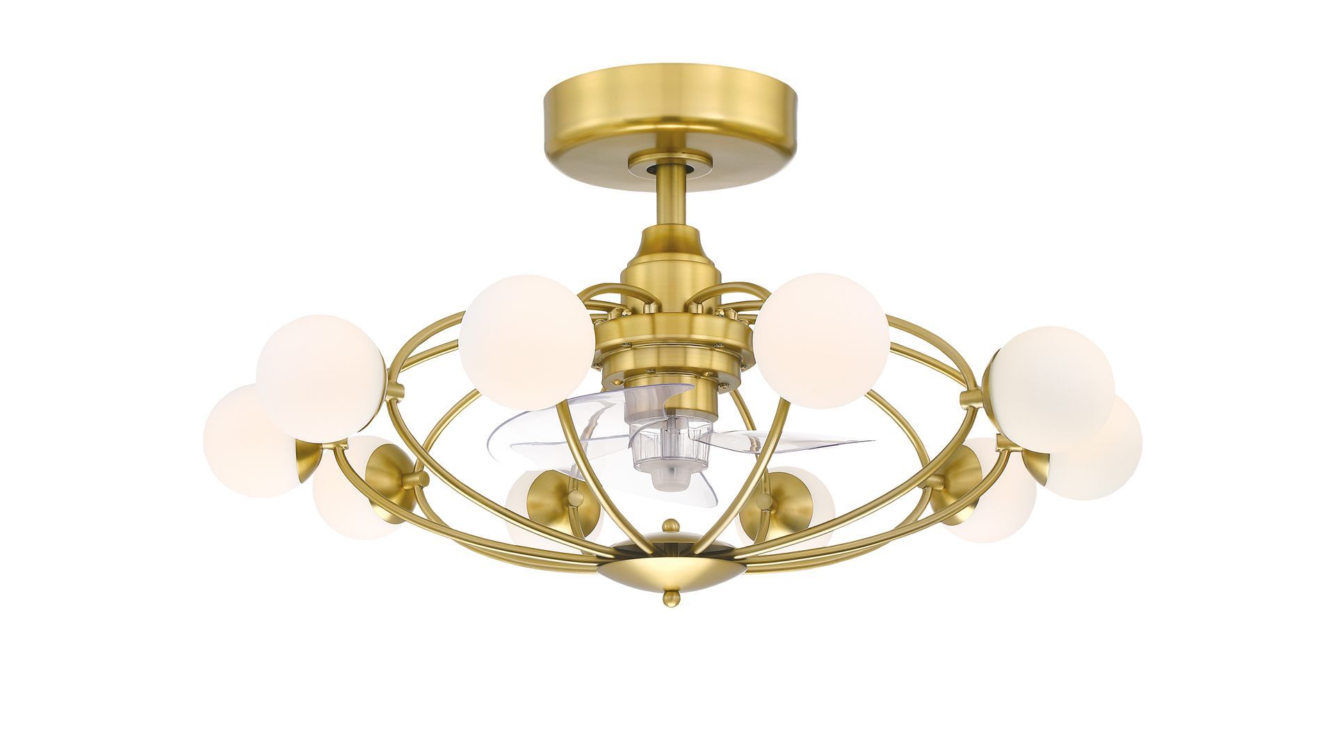 Gold ceiling fan with white globe lights.